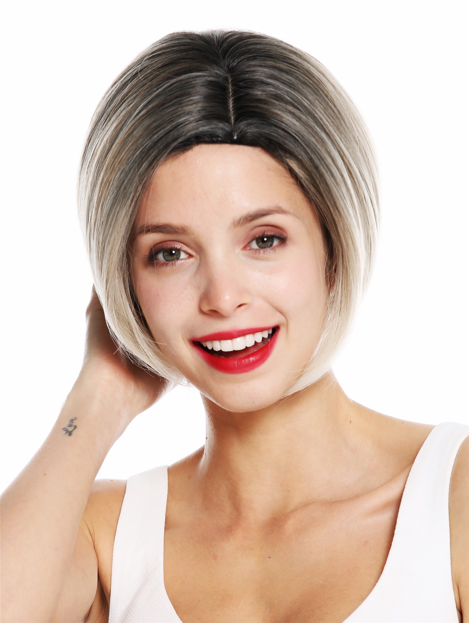 hochwertige Qualitätsperücken, Perücke kurz Bob Scheitel Ombre Blond Gesträhnt 1940-27T60R, Ansicht 2, WIG ME UP: Ihr Perücken Online Shop glatte Tressen-Perücke mit Kopfhaut-Imitat Ombre Dunkelgrau Blond-Mix kurze Haare für Damen