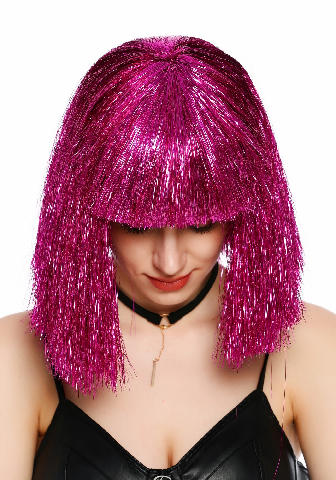 Perücke Damen Glitzer Lametta Tinsel Look Longbob Pony Disco Glam Pink Rosa VK-42-TN17