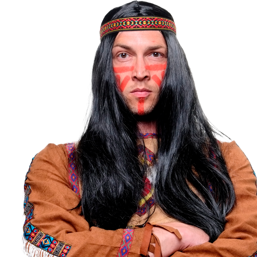 Category image for Wild West Wigs Black, long wig with straight hair, a middle parting and colorful headband, formerly Indian, now referred to as Native Americans