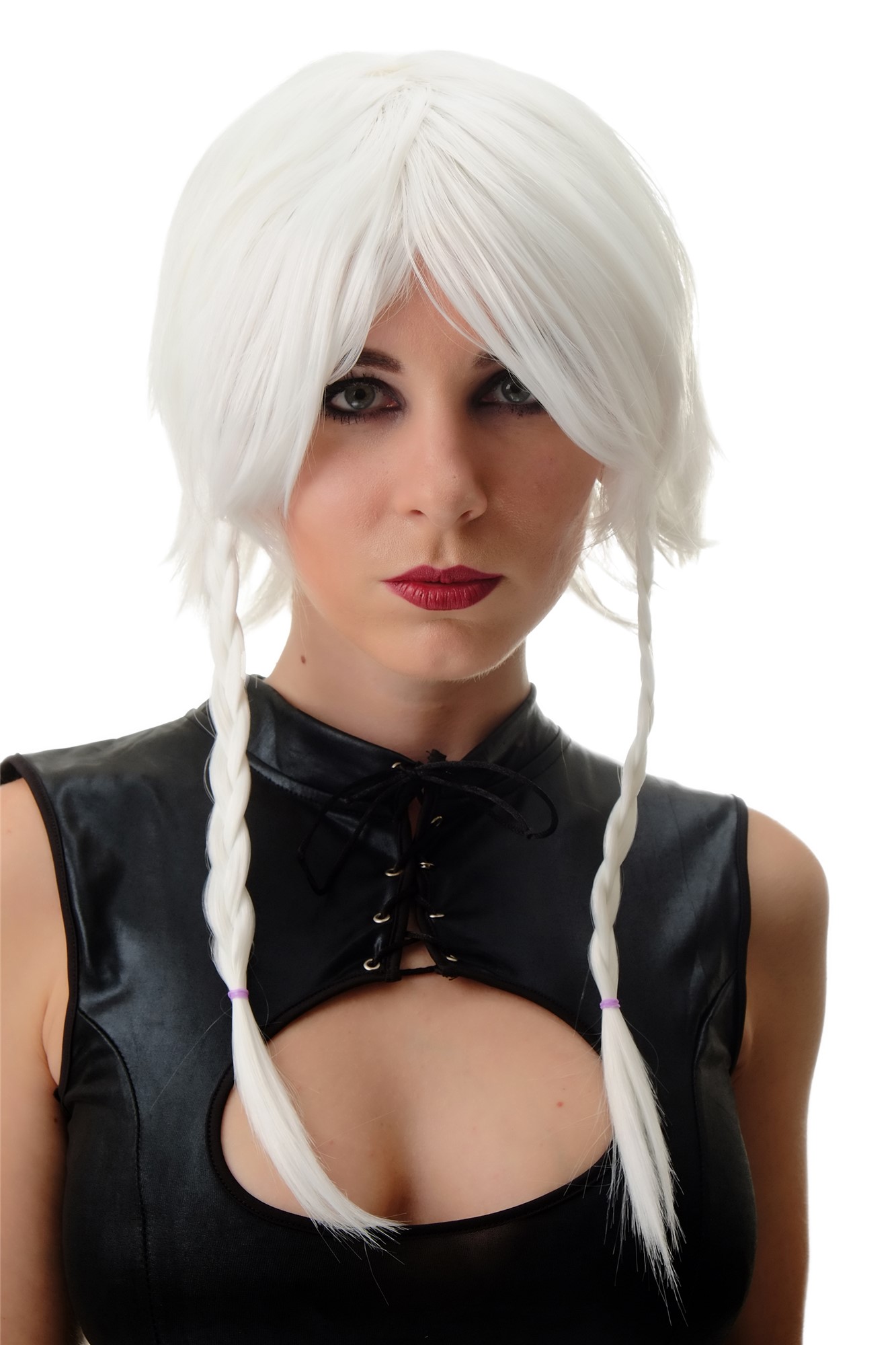 Lady Party Wig Cosplay short Bob with long plaits braids white Goth Emo PT0042, front view, WIG ME UP: Your Perücken Online Shop Party Wig, Ladies, White, Braided, long