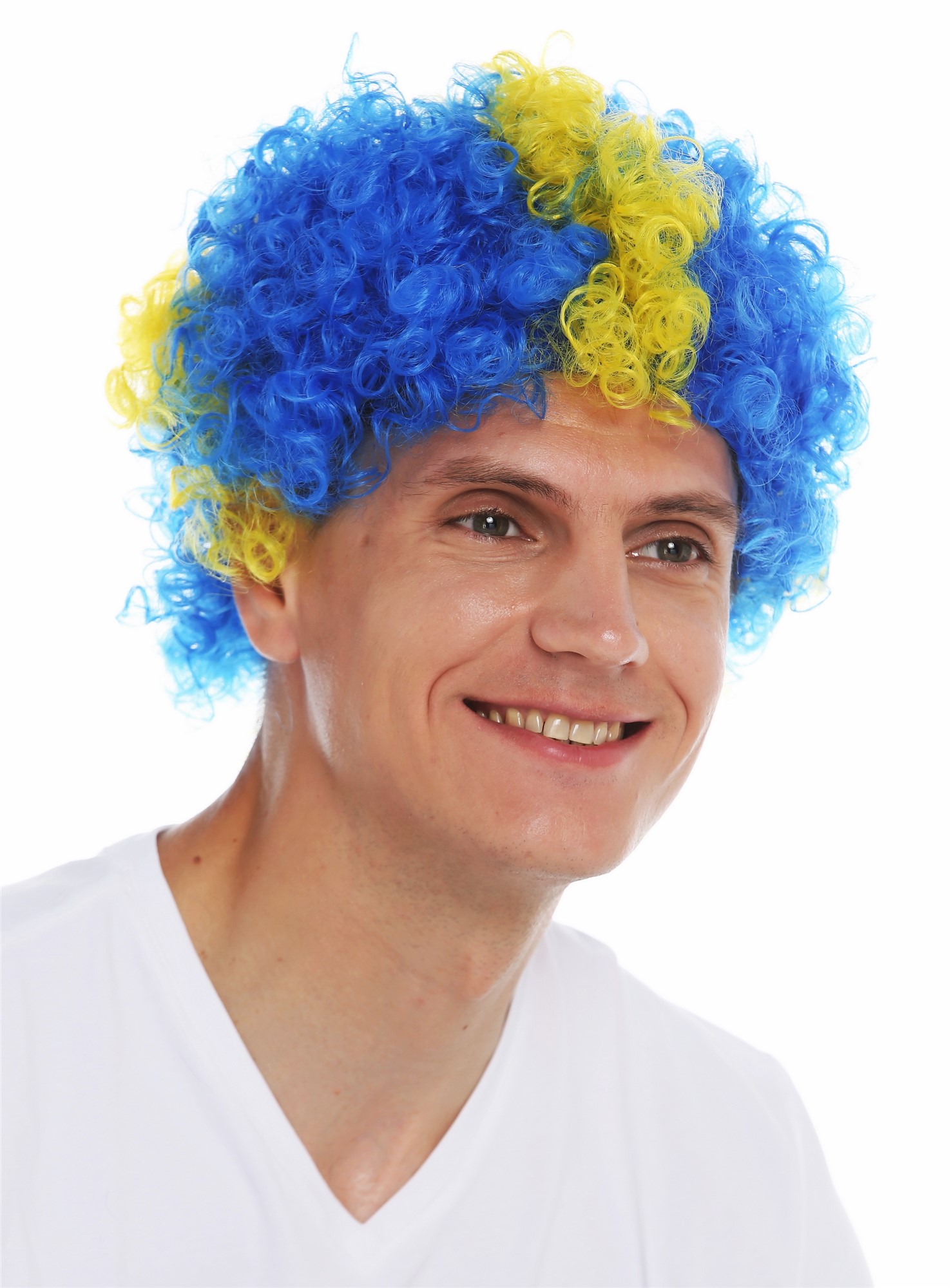 Fan wig afro soccer football world cup yellow cross on blue Sweden MMAM-15M , front view, WIG ME UP: Your Perücken Online Shop Party Wig, Unisex, blue-yellow mix, curled, short