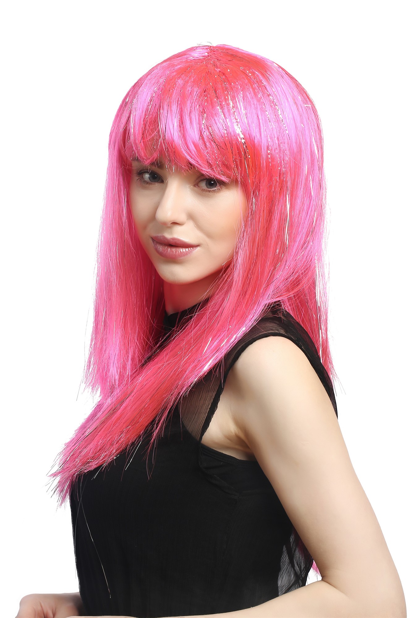 XR-003-PC5 Lady Party Wig Halloween long straight bangs streaked with silver tinsel strands pink, view 3, WIG ME UP: Your Perücken Online Shop Party Wig, Ladies, Pink, straight, long