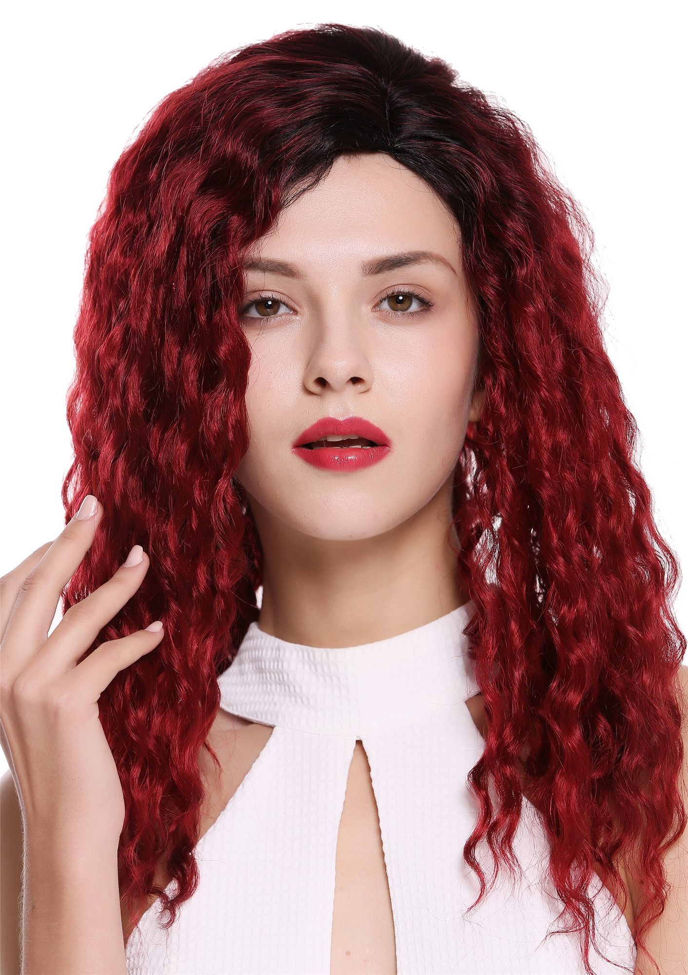 hochwertige Qualitätsperücken, Perücke Afro Locken gekreppt Seitenscheitel Ombre Schwarz Granatrot Rot 803AD-YS871S1B, Ansicht 3, WIG ME UP: Ihr Perücken Online Shop lockige Tressen-Perücke Granatrot-Samtschwarz-Mix lange Haare für Damen