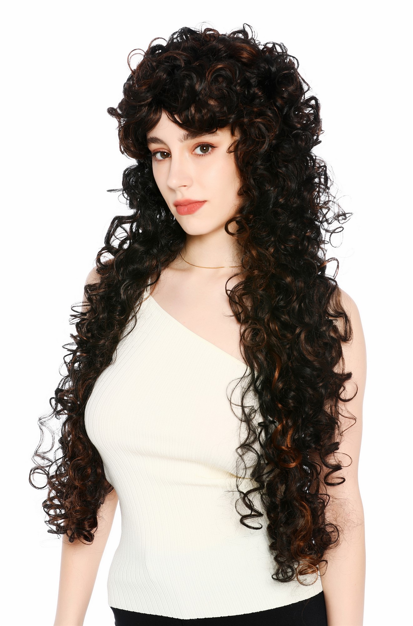 Perücke Damen sehr lang wild gelockt Locken Dunkelbraun Kupferbraun gesträhnt VVK-59-2H30