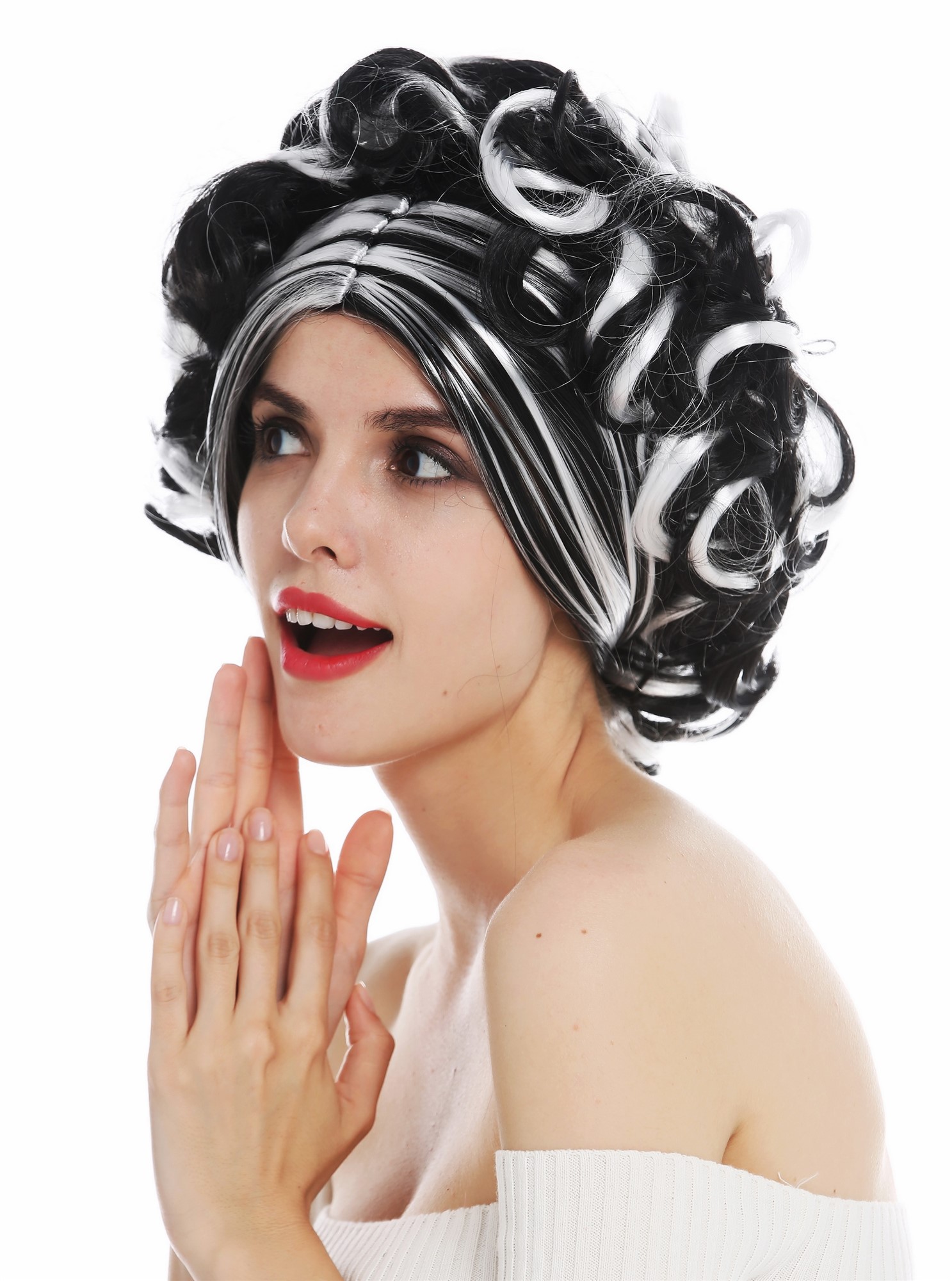 Women's wig lady Halloween carnival short curls black white highlights 31717, view 3, WIG ME UP: Your Perücken Online Shop Party Wig, Ladies, deep black and white mix, curled, short