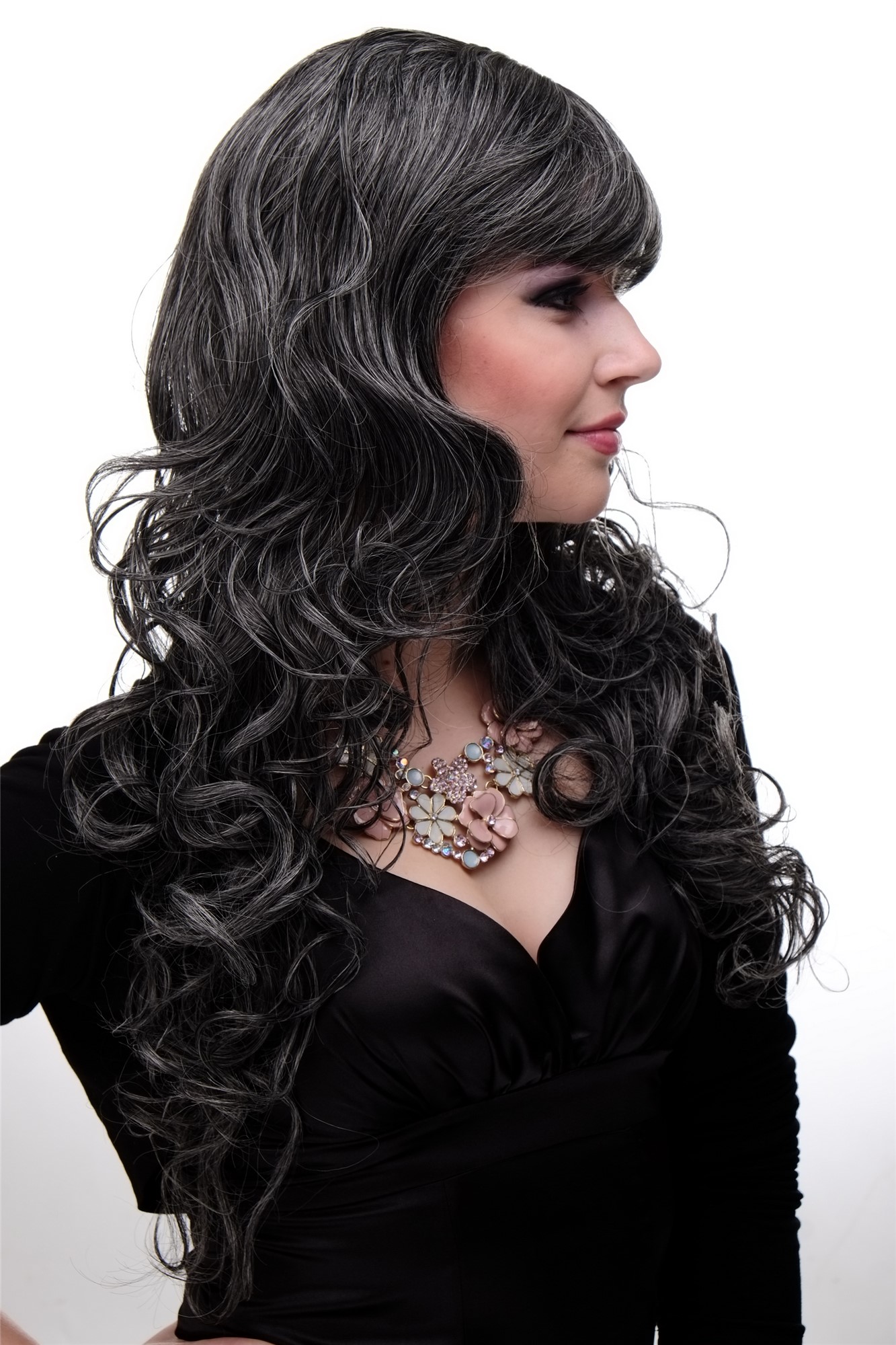 M-103-44 Lady  Wig very long curly curled slightly stringy wetlook fringe dark grey 23" inch, view 3, WIG ME UP: Your Perücken Online Shop Quality Wigs, Ladies, dark brown-gray mix, curled, long
