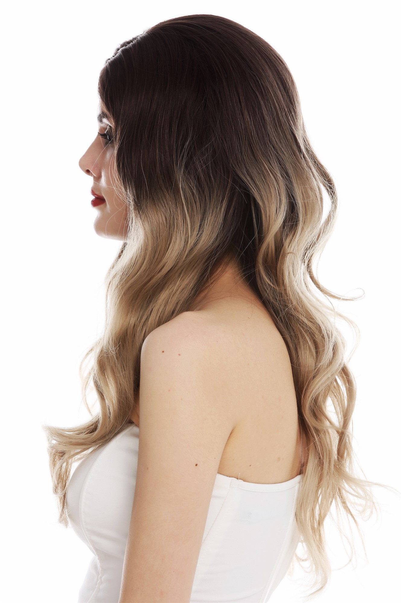 hochwertige Qualitätsperücken, Perücke Kopfhautimitat lang wellig Scheitel Ombre Braun Blond TYS-1208-6TT85, Ansicht 3, WIG ME UP: Ihr Perücken Online Shop wellige Tressen-Perücke mit Kopfhaut-Imitat Braun-Blond-Mix lange Haare für Damen