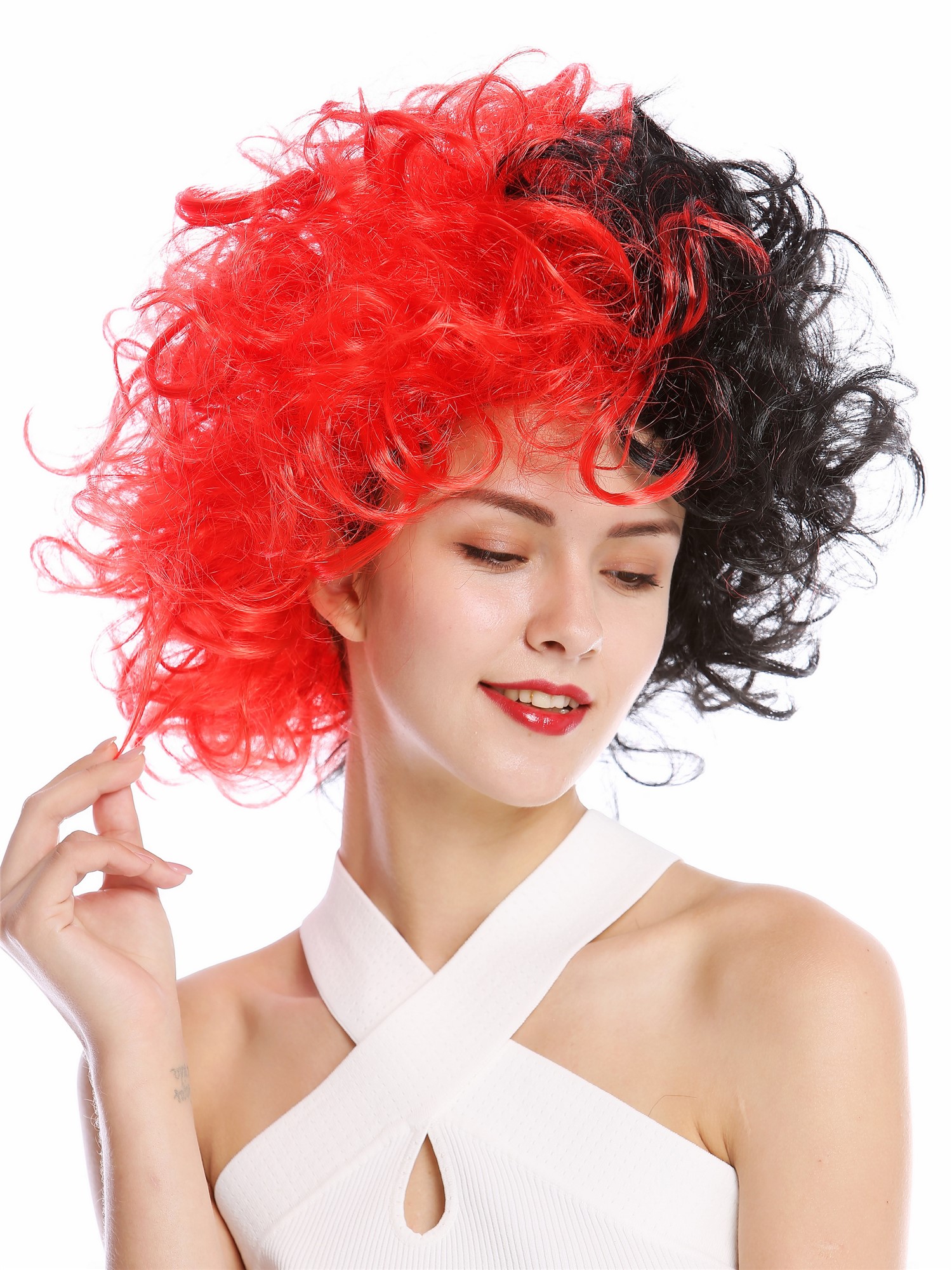 Lady Man Party Wig Evil Diva curly unruly curled half black half red  91344, view 2, WIG ME UP: Your Perücken Online Shop Party Wig, Unisex, red-black, curled, short