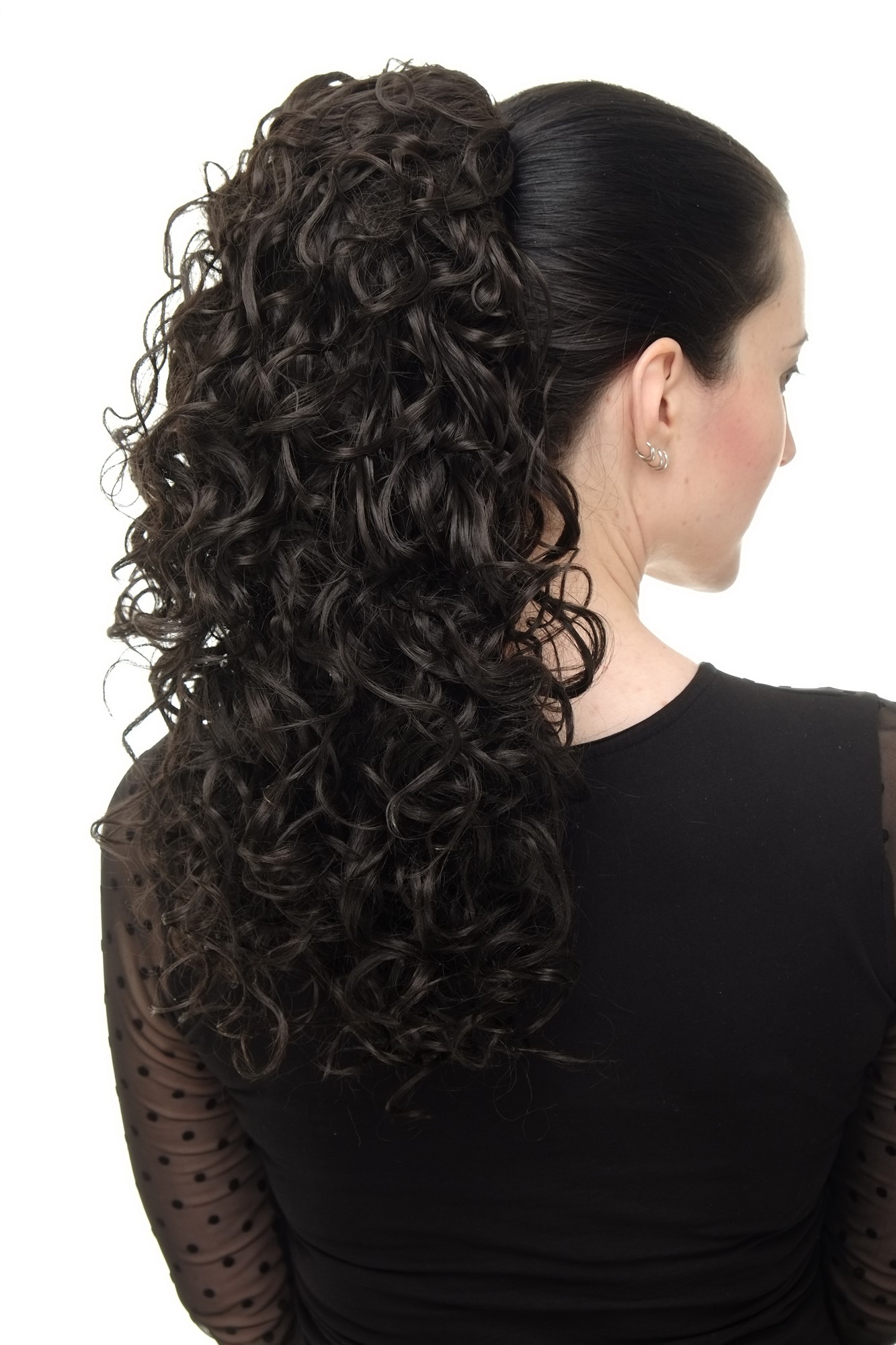 Hairpiece Ponytail with 2 combs/clips & elastic draw string long full curls voluminous dark brown, view 4, WIG ME UP: Your Perücken Online Shop Ponytails, dark brown, curled, shoulder-length