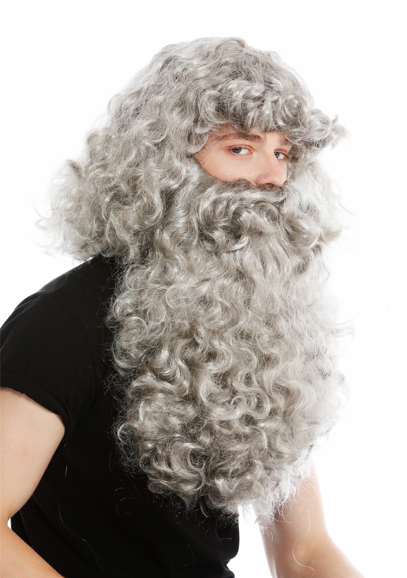 Wig & Beard set Deluxe Saint Nicholas prophet hermit magician grey gray 46-A+B, front view, WIG ME UP: Your Perücken Online Shop Party Wig, Men, silver gray, curled, short