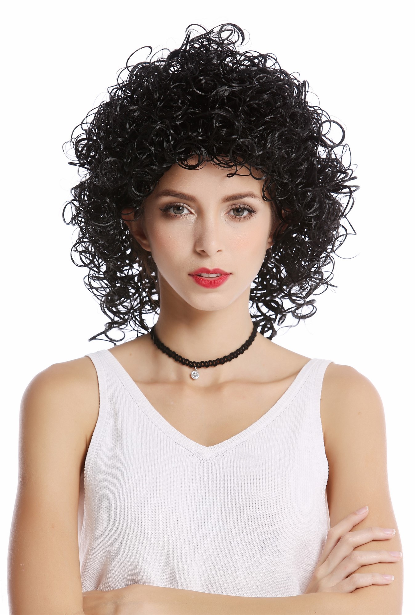 Wig Ladies Women Halloween Carnival short to medium length curly curls wetlook Latina black, view 2, WIG ME UP: Your Perücken Online Shop Party Wig, Ladies, Black, curled, short