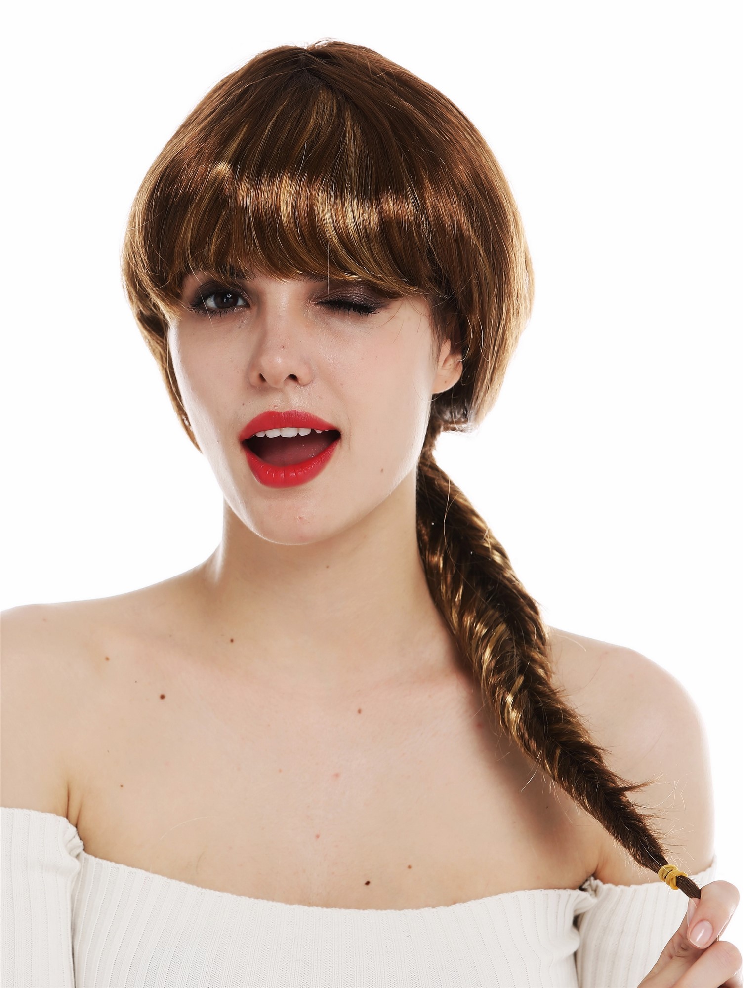 günstige Party Perücke, Perücke lang Zopf geflochten Braun Blond gesträhnt 31820-ZA8-88C, Ansicht 6, WIG ME UP: Ihr Perücken Online Shop geflochtene Party Perücke Mittelbraun-Goldblond-Mix lange Haare für Damen