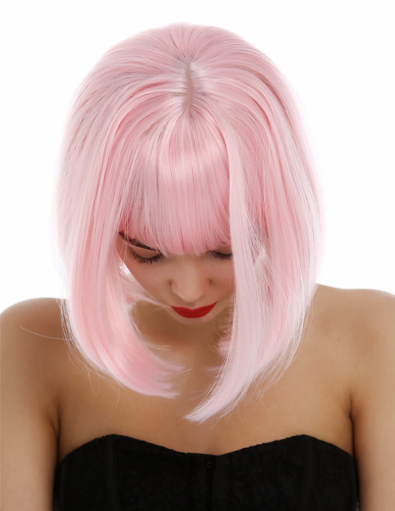 hochwertige Qualitätsperücken, Perücke Damen Bobfrisur Long Bob Pony glatt helles Rosa 7803-T2333, Ansicht 6, WIG ME UP: Ihr Perücken Online Shop glatte Tressen-Perücke Hellrosa kurze Haare für Damen