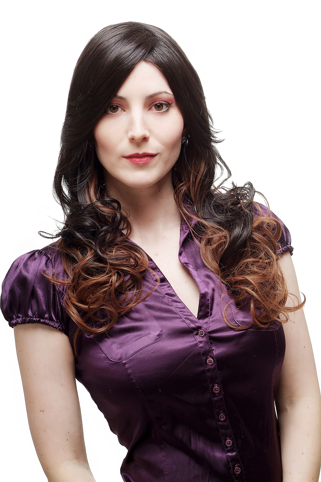 Lady  Wig gorgeous straight top curly ends brown coppery brown curled ends ombre parting, front view, WIG ME UP: Your Perücken Online Shop Quality Wigs, Ladies, dark brown red-brown mix, curled, long