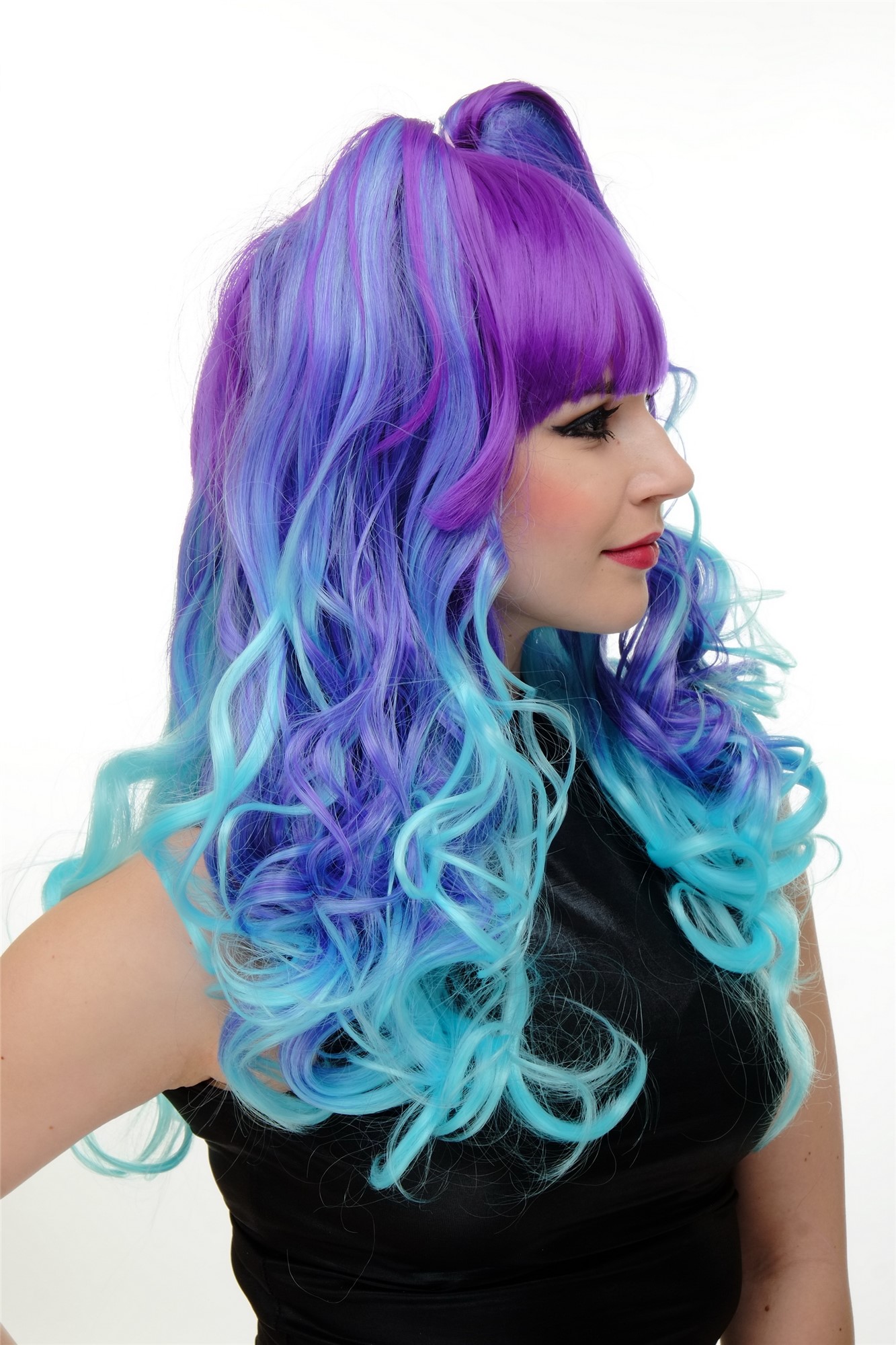 Lady Cosplay Wig long + 2 ponytails curled bangs ombre blue turquois YZF-7096+A, view 3, WIG ME UP: Your Perücken Online Shop Quality Wigs, Ladies, Purple, curled, shoulder-length
