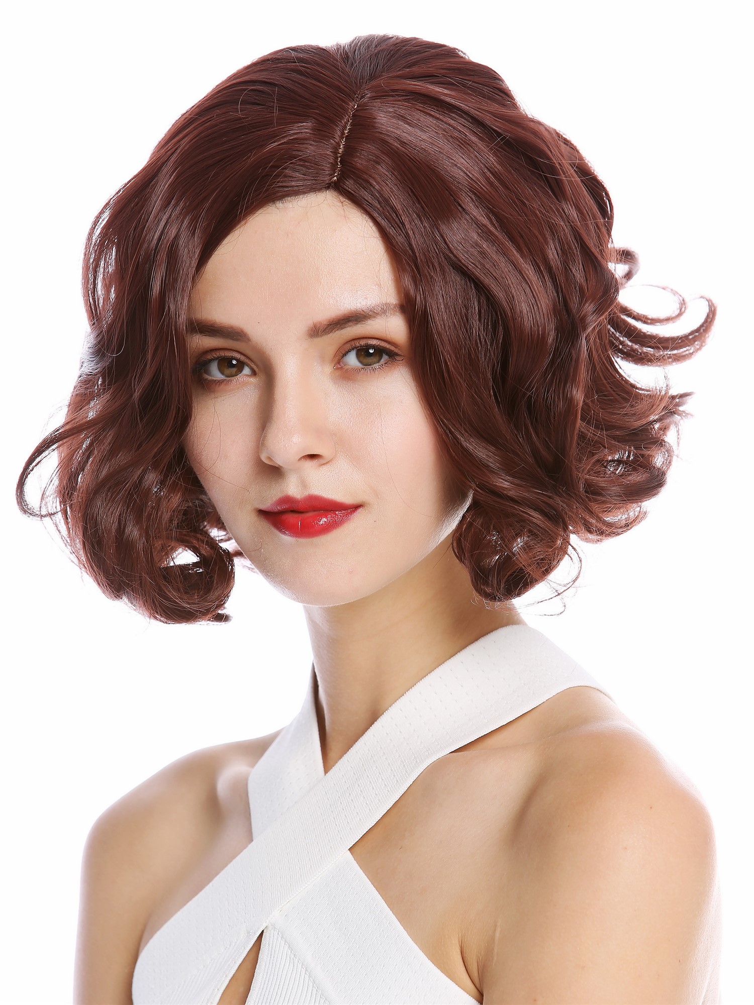 hochwertige Qualitätsperücken, Perücke kurz Longbob gewellt Mittelscheitel Mahagoni Rotbraun YZF-4372-33, Ansicht 3, WIG ME UP: Ihr Perücken Online Shop lockige Tressen-Perücke mit Kopfhaut-Imitat Mahagonibraun kurze Haare für Damen