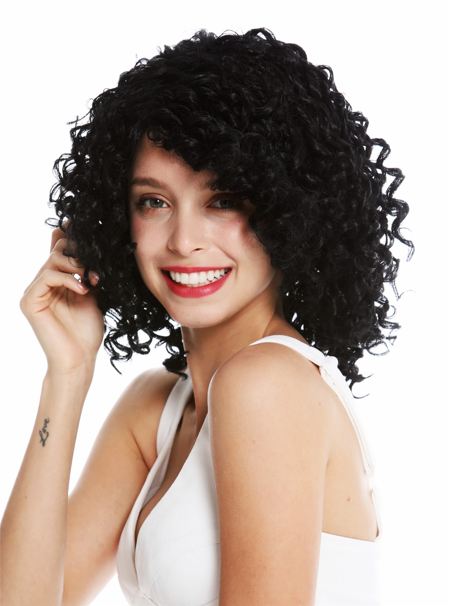 hochwertige Qualitätsperücken, Perücke Voluminös Locken Karibik Schwarz YZF-7283A-1, Ansicht 3, WIG ME UP: Ihr Perücken Online Shop lockige Tressen-Perücke Schwarz schulterlange Haare für Damen