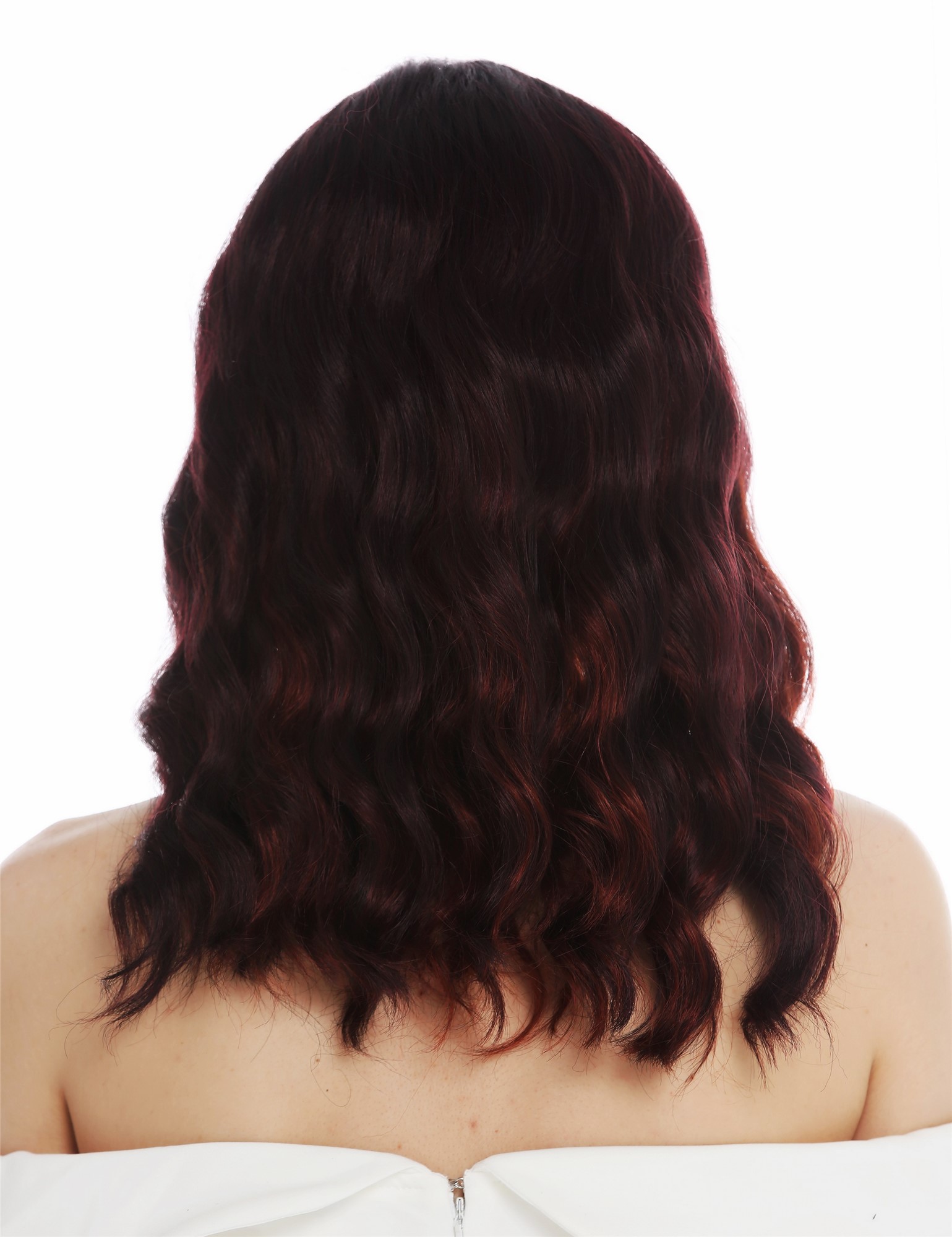 hochwertige Qualitätsperücken, Perücke lang Scheitel edel wellig gewellt Schwarz Rot gesträhnt Hollywood Diva VK-58-OMFIRERED, Ansicht 6, WIG ME UP: Ihr Perücken Online Shop wellige Tressen-Perücke mit Kopfhaut-Imitat Schwarz-Rot-Mix schulterlange Haare für Damen