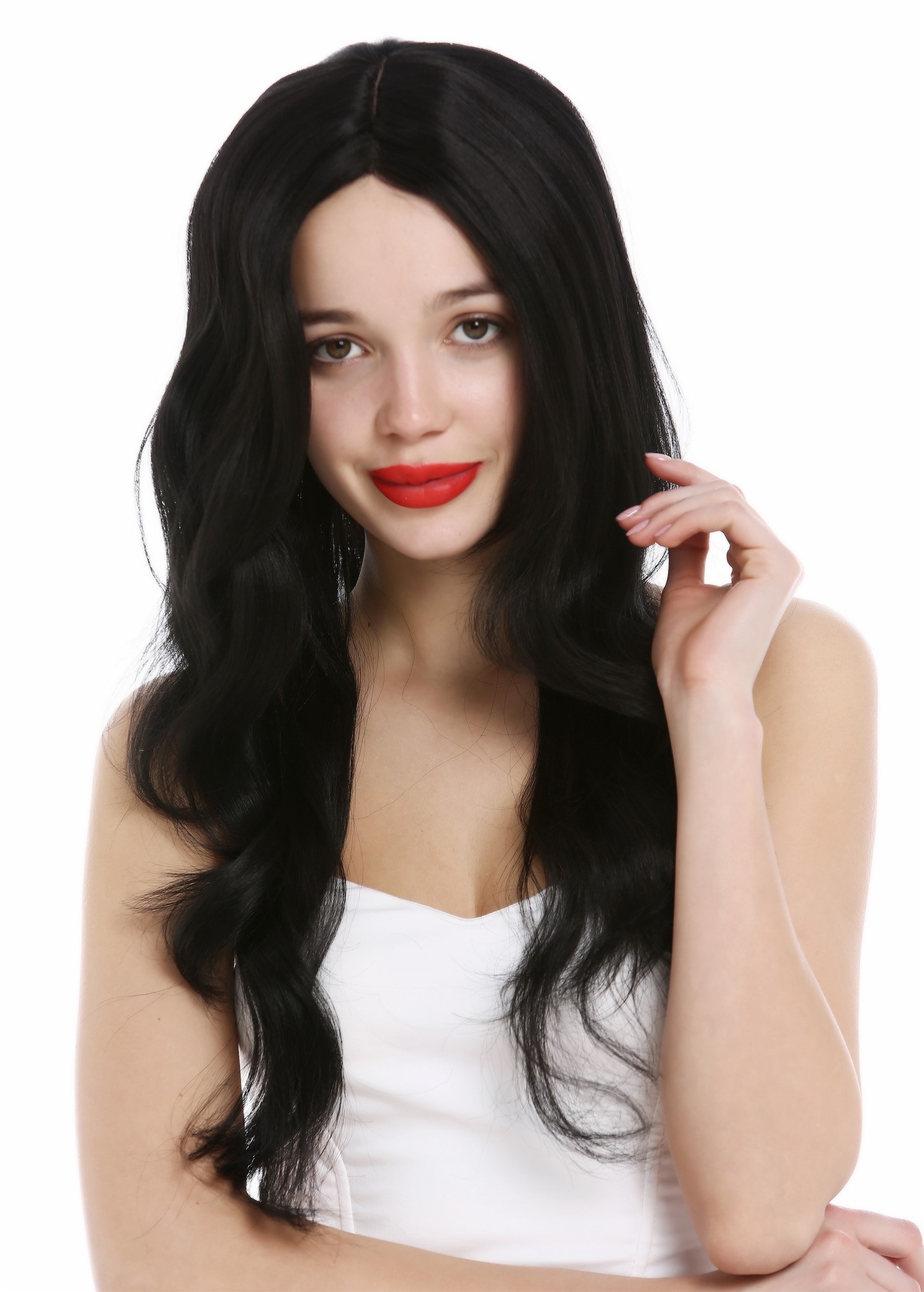 hochwertige Qualitätsperücken, Perücke lang Teil-Monofilament Scheitel wellig Schwarz RGF-5905LD-1B, Ansicht 2, WIG ME UP: Ihr Perücken Online Shop wellige Tressen-Perücke mit Front-Lace Samtschwarz lange Haare für Damen