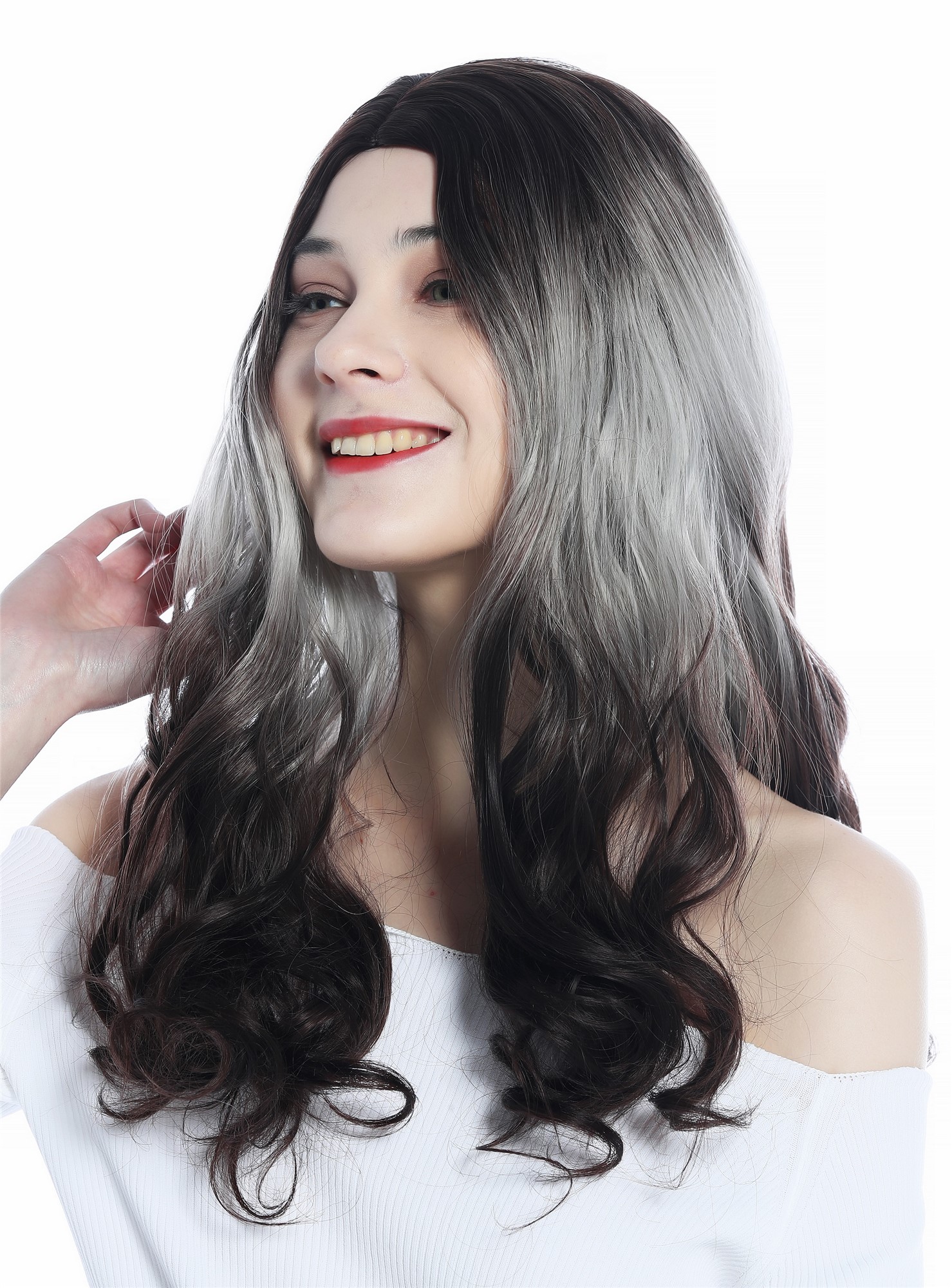 Ladies Women's wig wavy parting ombre balayage brown silver grey brown ZM-1013, view 2, WIG ME UP: Your Perücken Online Shop Quality Wigs, Ladies, brown-gray-brown gradient, wavy, long