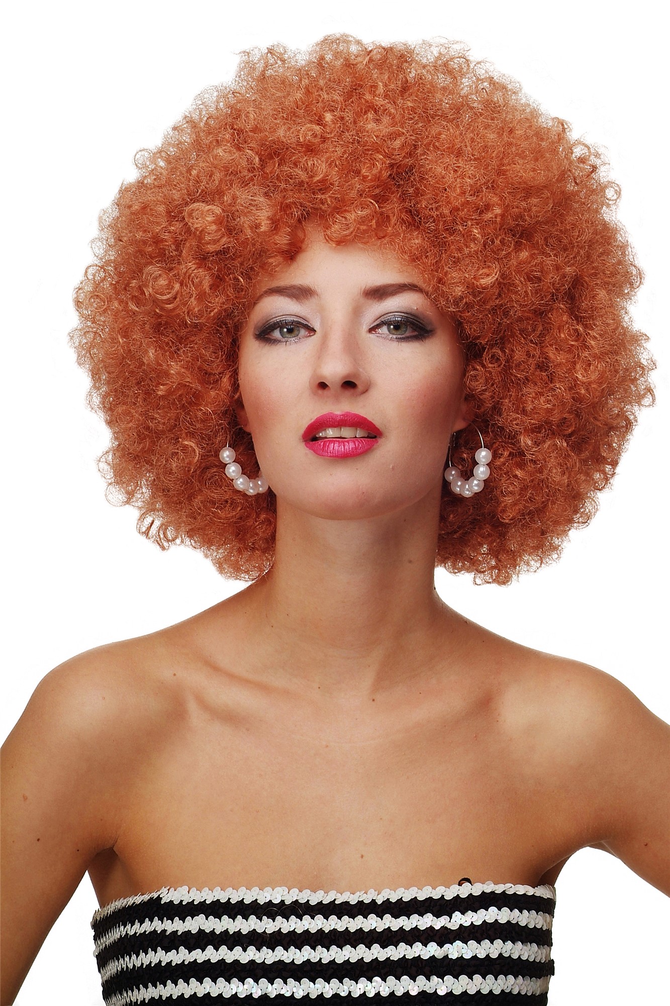 günstige Party Perücke, Afro Perücke 70er Jahre Party Kupferrot Disco PW0011-P130, Vorderansicht, WIG ME UP: Ihr Perücken Online Shop lockige Party Perücke Mittel-Kupferrot kurze Haare Unisex