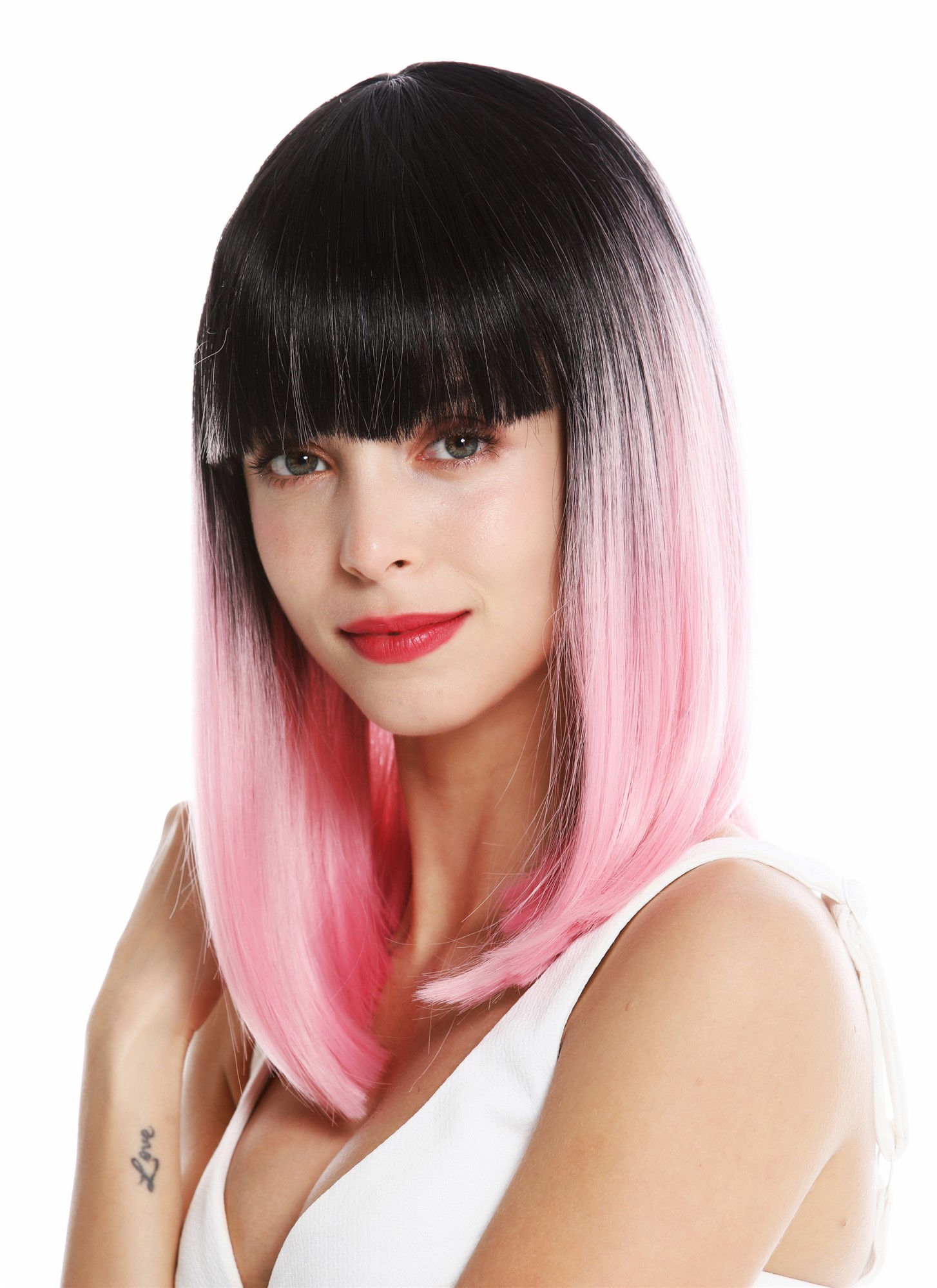 hochwertige Qualitätsperücken, Perücke schulterlang glatt Pony Ombre Schwarz Rosa VK-2-T2311YS1B, Vorderansicht, WIG ME UP: Ihr Perücken Online Shop glatte Tressen-Perücke mit Kopfhaut-Imitat Rosa-Schwarz-Mix schulterlange Haare für Damen