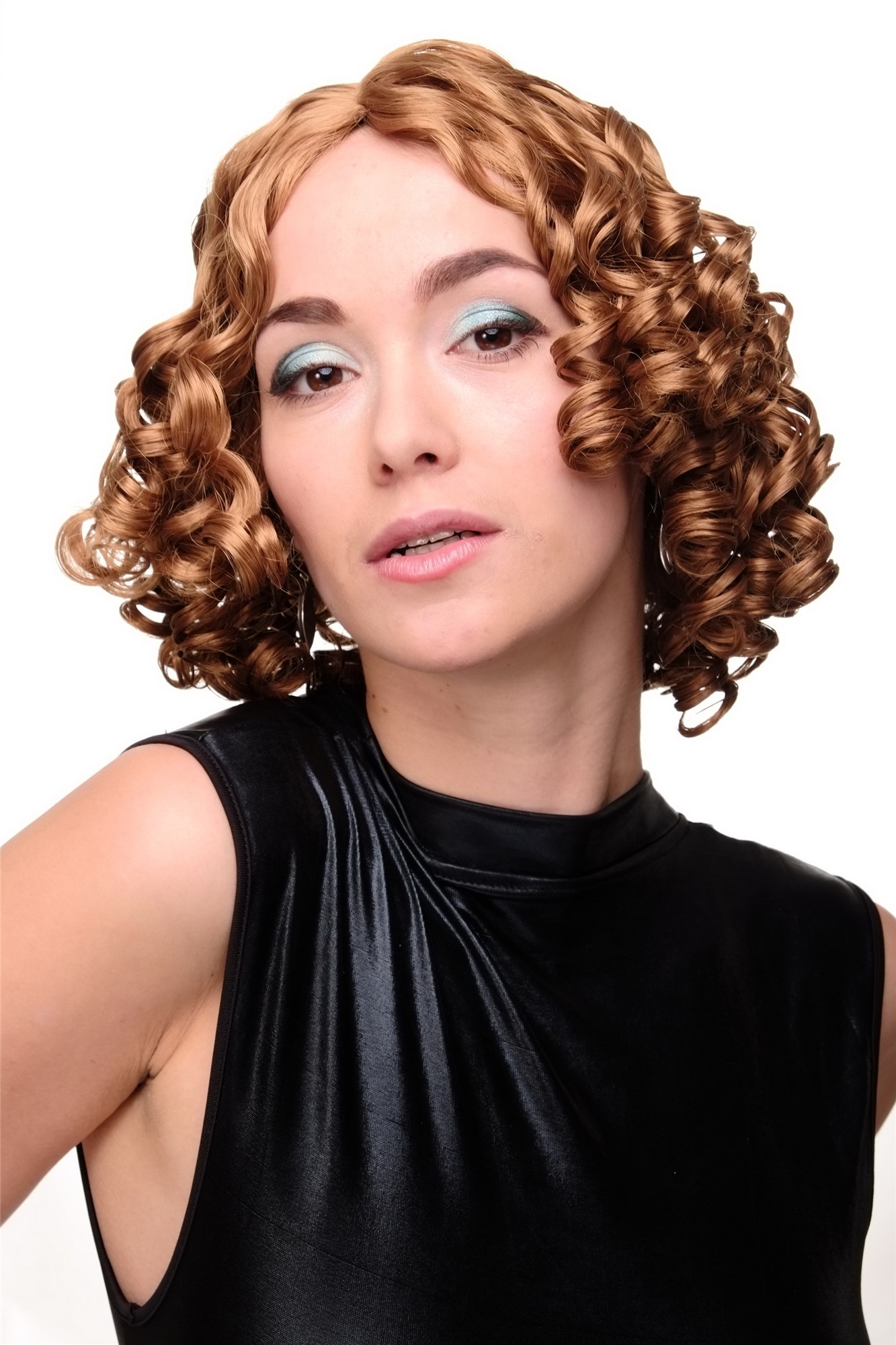 hochwertige Qualitätsperücken, Damenperücke Biedermeier Korkenzieher-Locken Hellbraun Modell: GFW2034, Vorderansicht, WIG ME UP: Ihr Perücken Online Shop lockige Tressen-Perücke Honigblond-Karamellblond-Mix kurze Haare für Damen