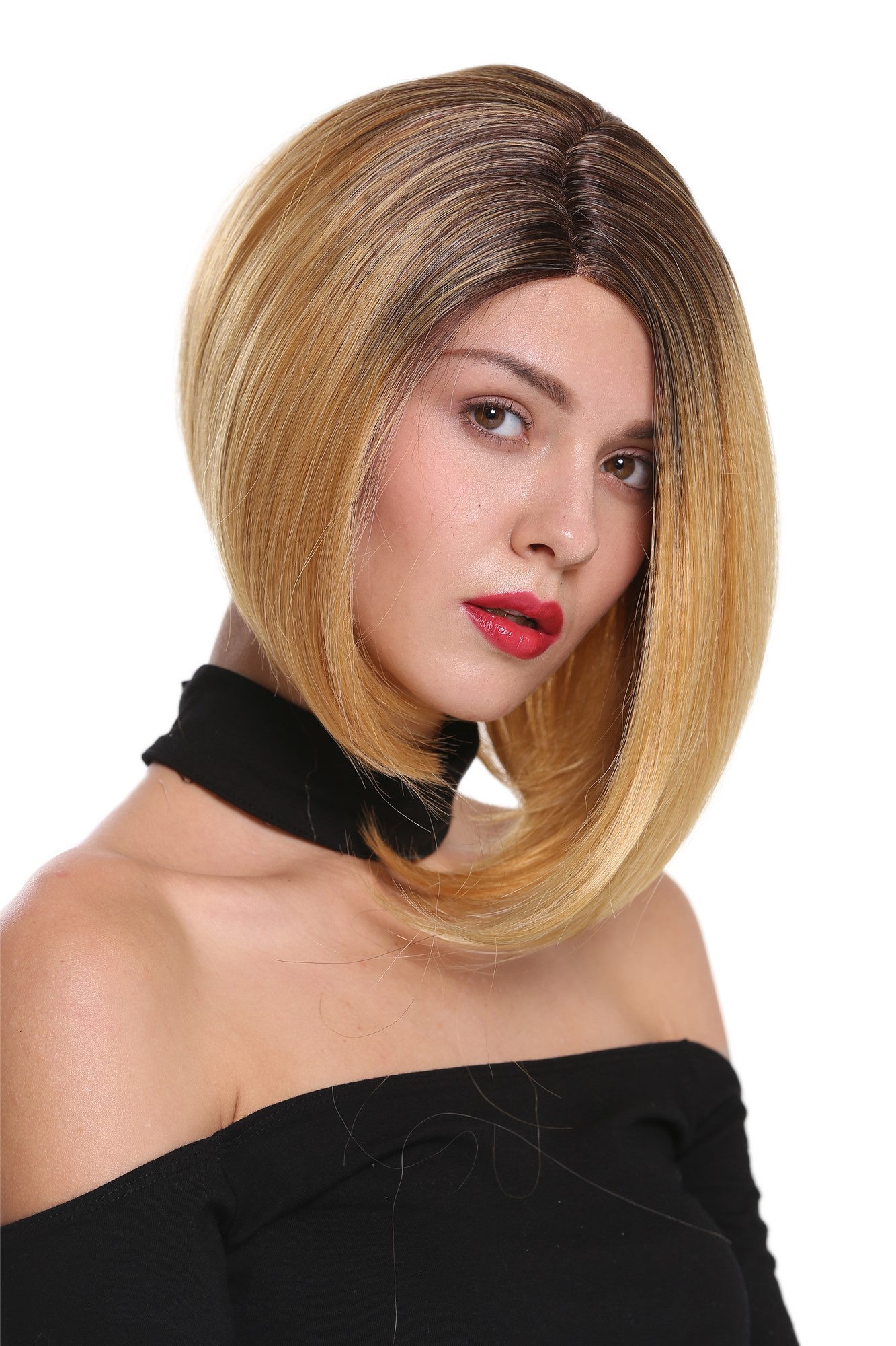 Lady wig lace front mono short sleek long bob ombre dark brown blonde MLC156-MF, front view, WIG ME UP: Your Perücken Online Shop Quality Wigs, Ladies, orange blonde-dark brown mix, straight, short