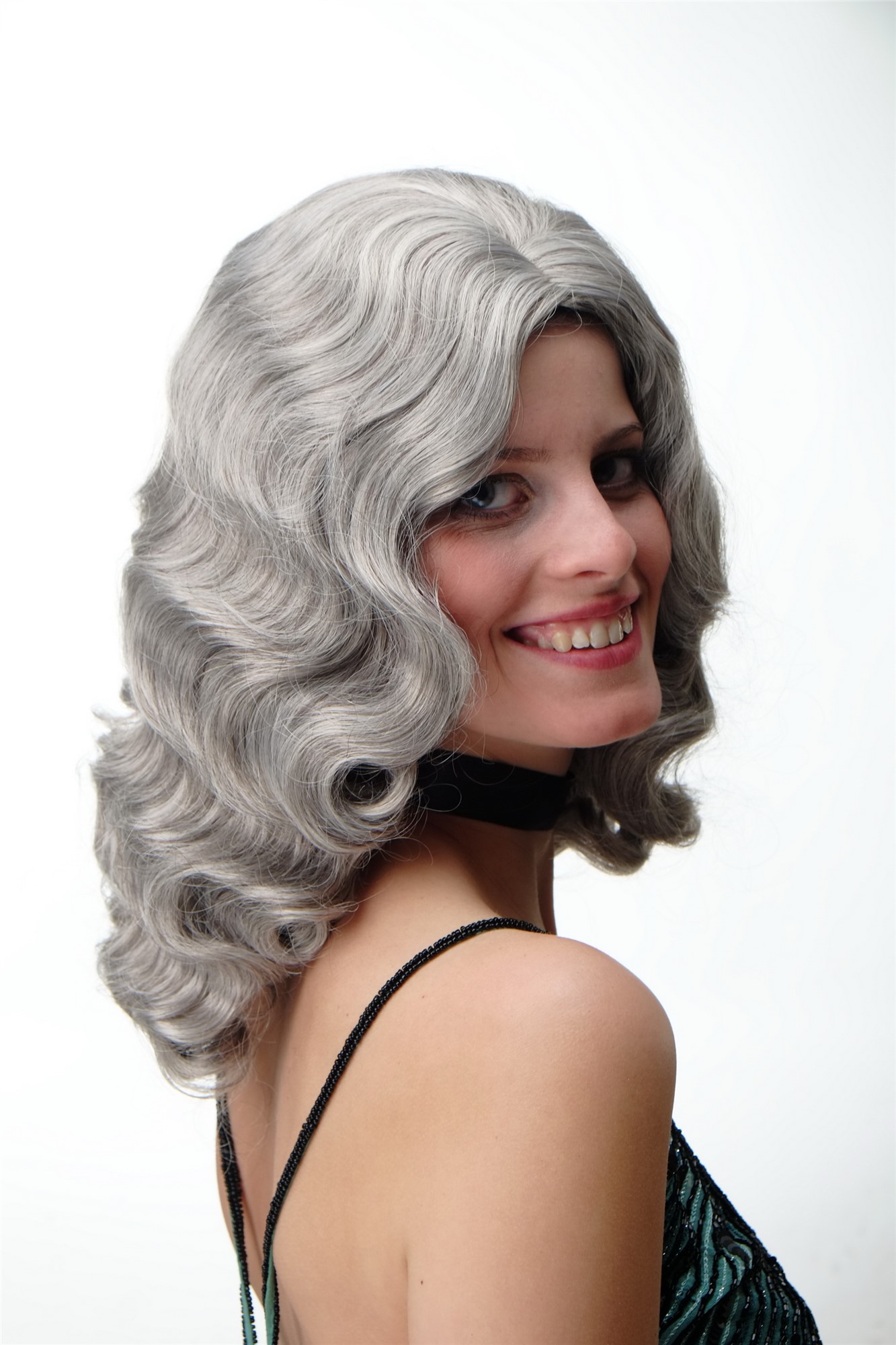 Quality Wigs, Ladies, silver gray with a small amount of black, wavy, shoulder-length