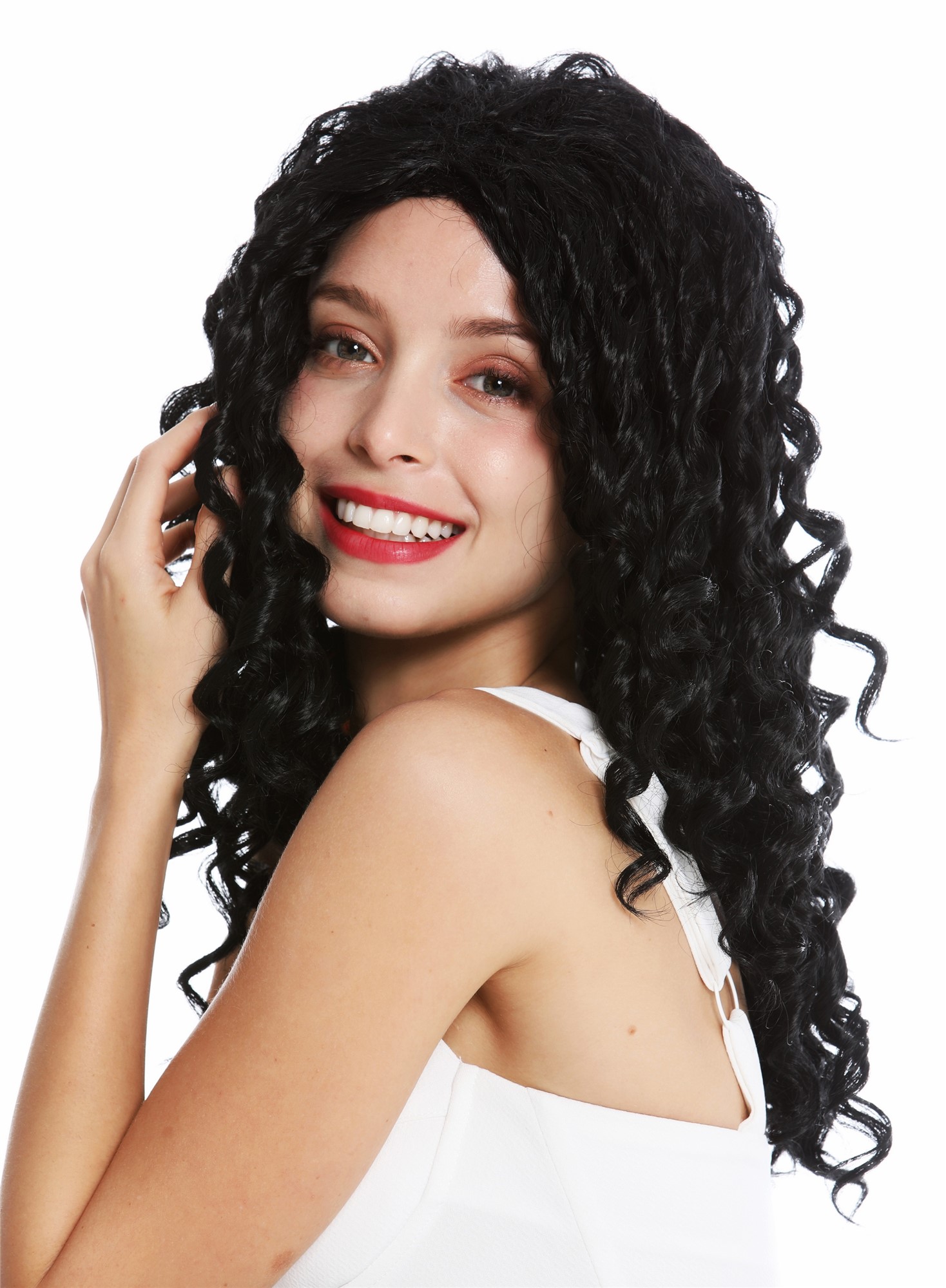 hochwertige Qualitätsperücken, Perücke lang Korkenzieher-Locken Mittelscheitel schwarz ZM-1622-1, Ansicht 3, WIG ME UP: Ihr Perücken Online Shop lockige Tressen-Perücke Schwarz lange Haare für Damen