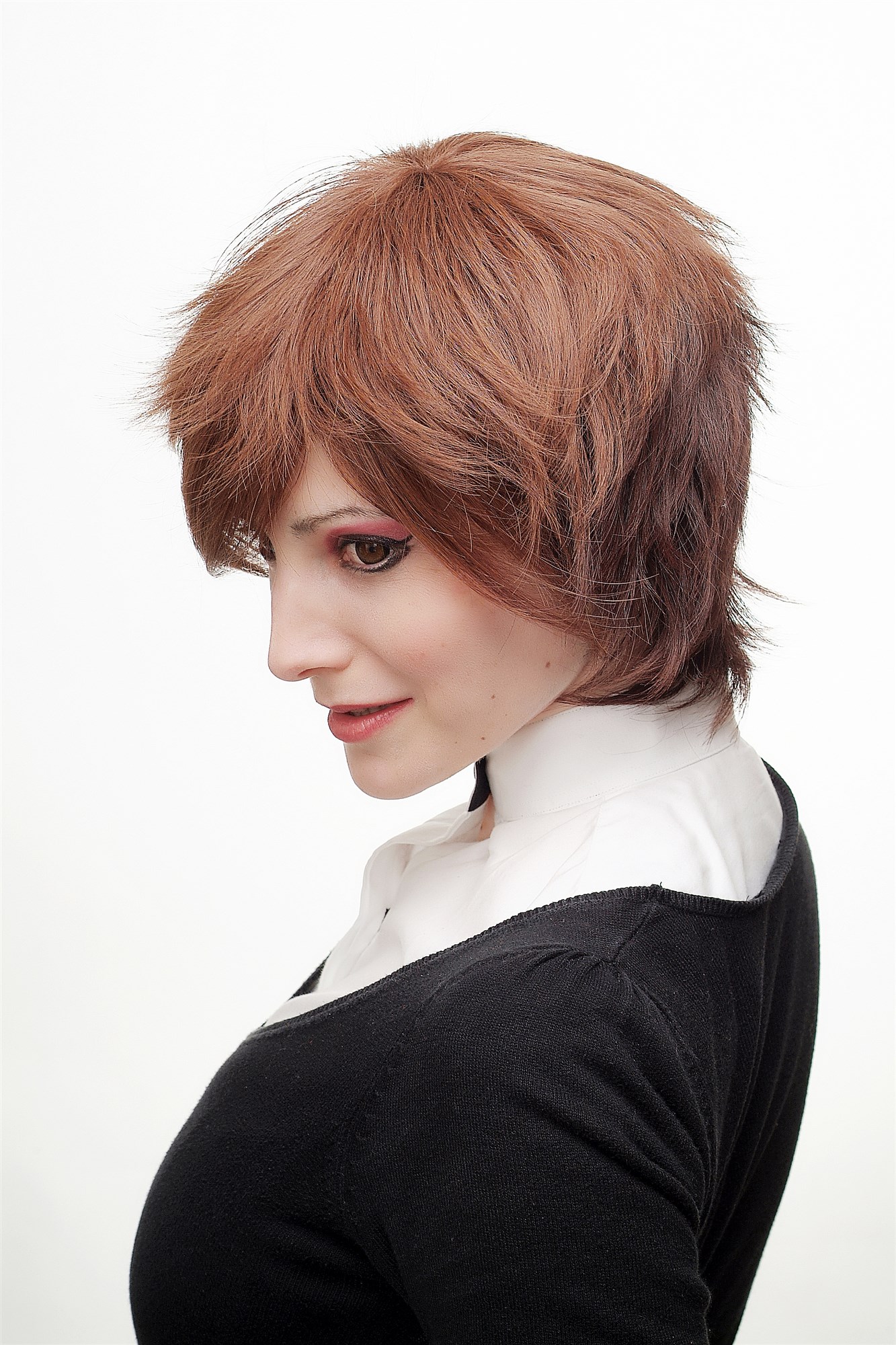 hochwertige Qualitätsperücken, Perücke Cosplay Kurz Braun Rotbraun SA075-2T33H30/33, Ansicht 3, WIG ME UP: Ihr Perücken Online Shop wellige Tressen-Perücke Braun-Mix kurze Haare für Damen
