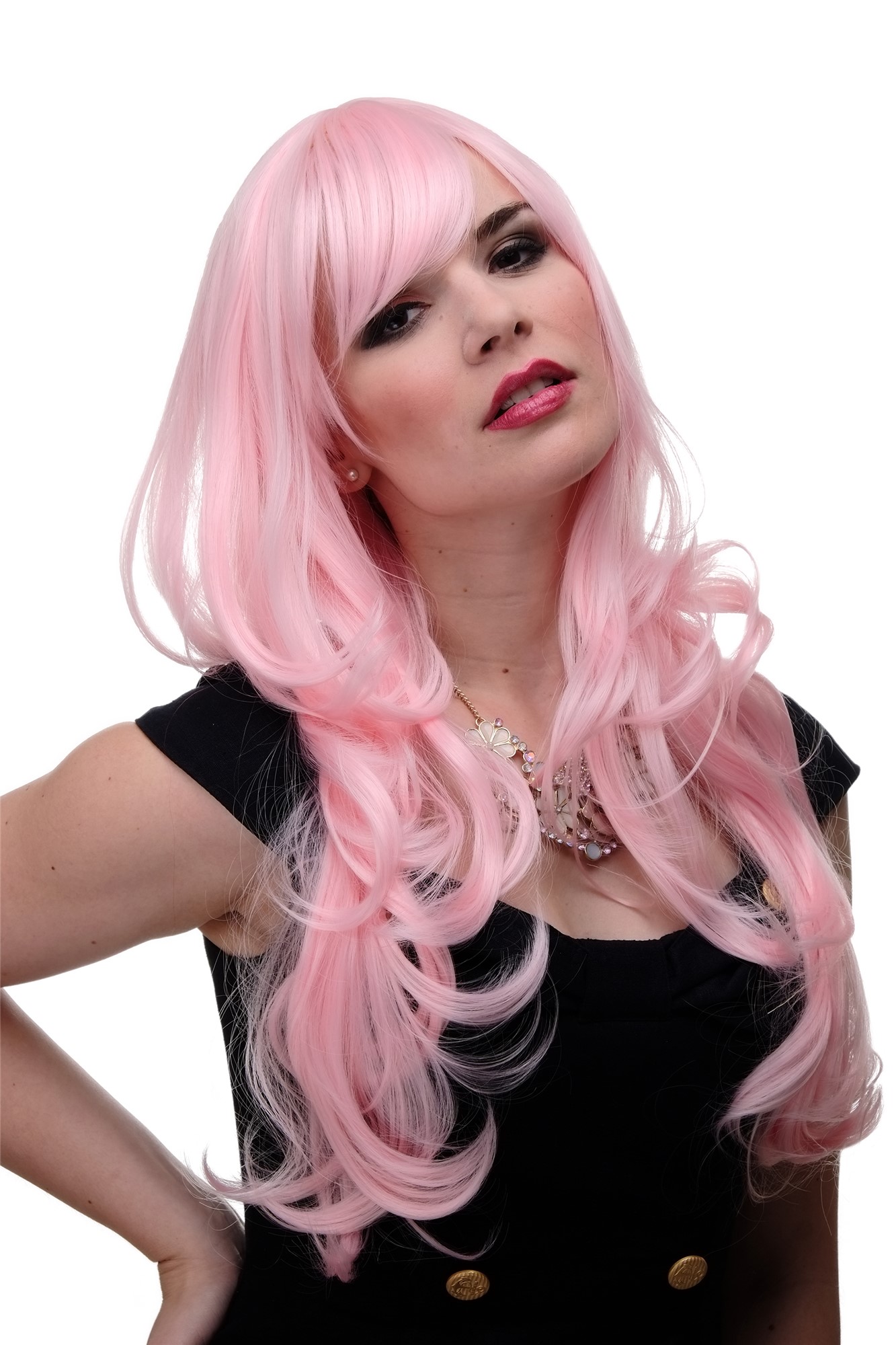 hochwertige Qualitätsperücken, Lange Damen Perücke mit großen kräftigen Locken Pony Rosa 285-T2333, Vorderansicht, WIG ME UP: Ihr Perücken Online Shop lockige Tressen-Perücke mit Kopfhaut-Imitat Rosa lange Haare für Damen