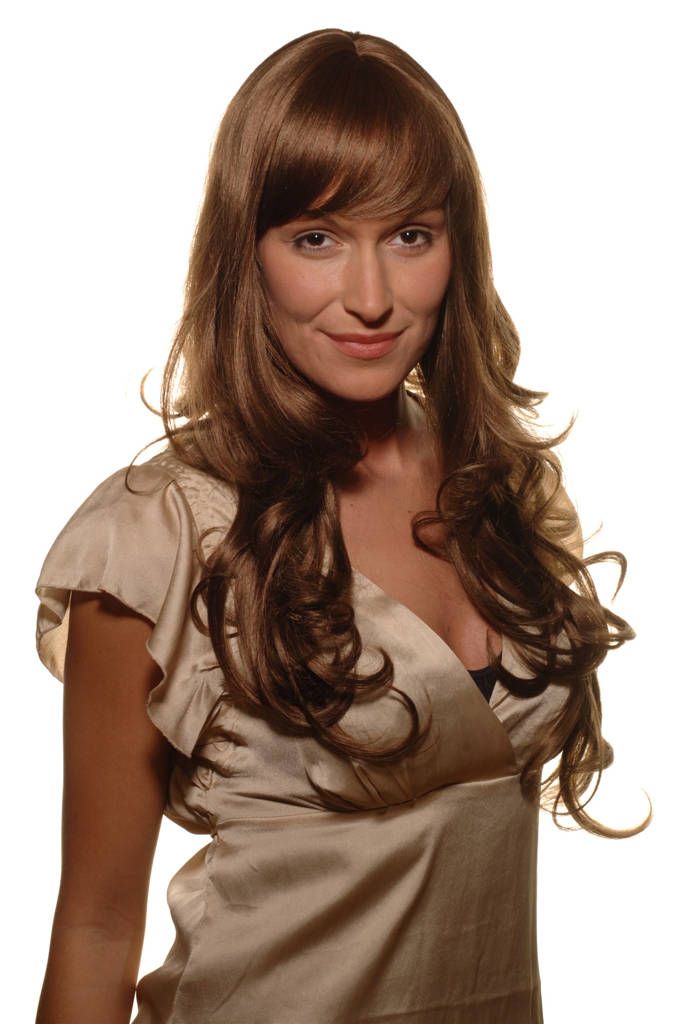 Lady wig very long curling tips straight top fringe bangs brown red mix 285, front view, WIG ME UP: Your Perücken Online Shop Quality Wigs, Ladies, brown-red mix, curled, long