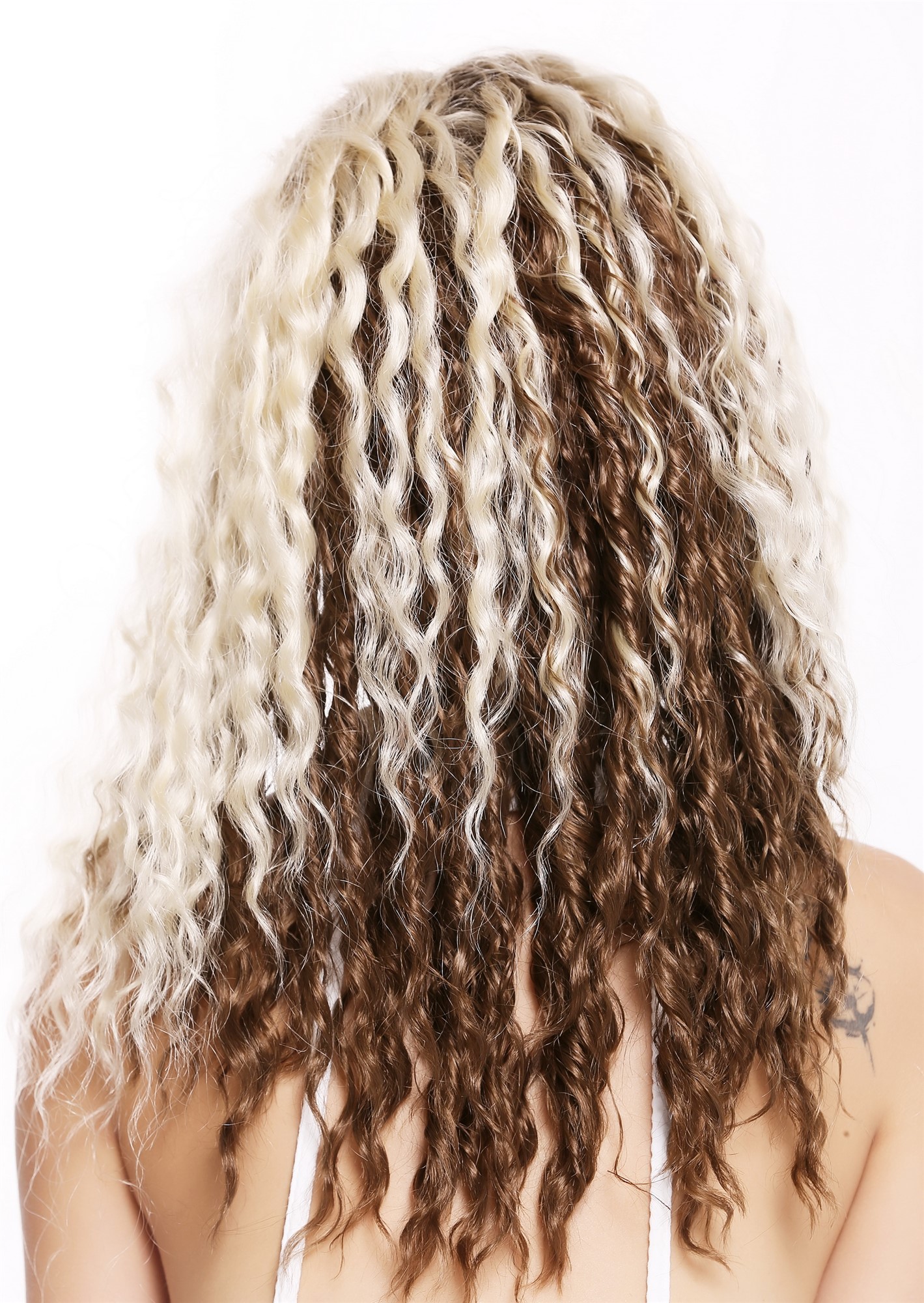 hochwertige Qualitätsperücken, Perücke Afro Locken gekreppt Seitenscheitel Ombre Braun Blond 803AD-12/613YS12, Ansicht 4, WIG ME UP: Ihr Perücken Online Shop lockige Tressen-Perücke mit Kopfhaut-Imitat Goldbraun-Platinblond-Mix lange Haare für Damen