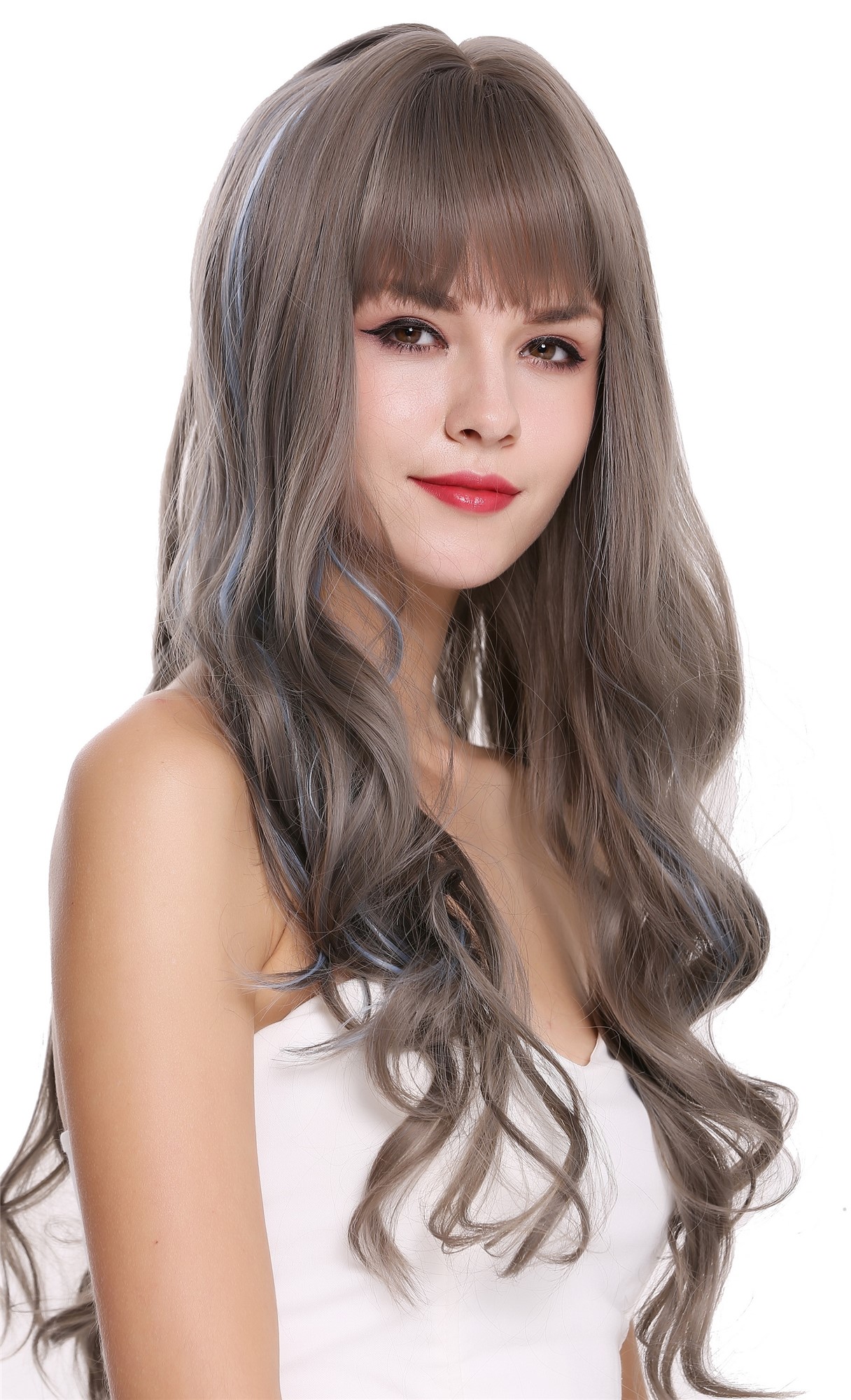 hochwertige Qualitätsperücken, Perücke lang wellig Pony Balayage Grau Braun Blau H1734-8A/10A/4134, Ansicht 2, WIG ME UP: Ihr Perücken Online Shop wellige Tressen-Perücke mit Kopfhaut-Imitat Aschgrau-Goldbraun-Hellblau-Mix lange Haare für Damen