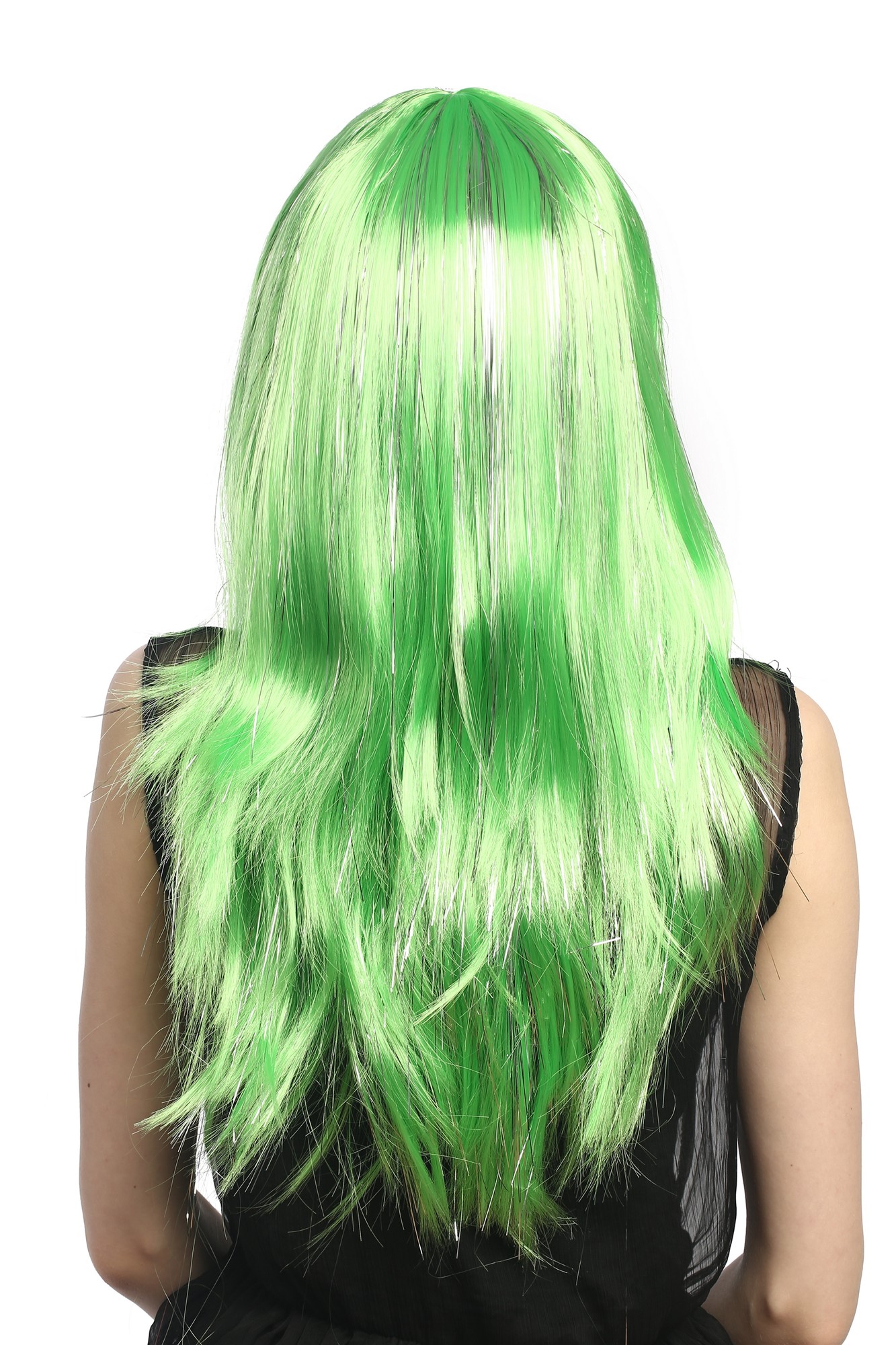 XR-003-PC15 Lady Party Wig Halloween long straight bangs streaked with silver tinsel strands green, view 4, WIG ME UP: Your Perücken Online Shop Party Wig, Ladies, light green, straight, long