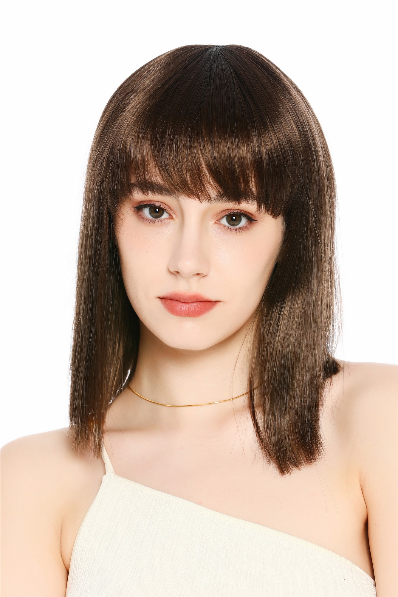 Perücke Damen Longbob glatt schulterlang Pony Clavi-Cut Braun Mittelbraun VK-64-8