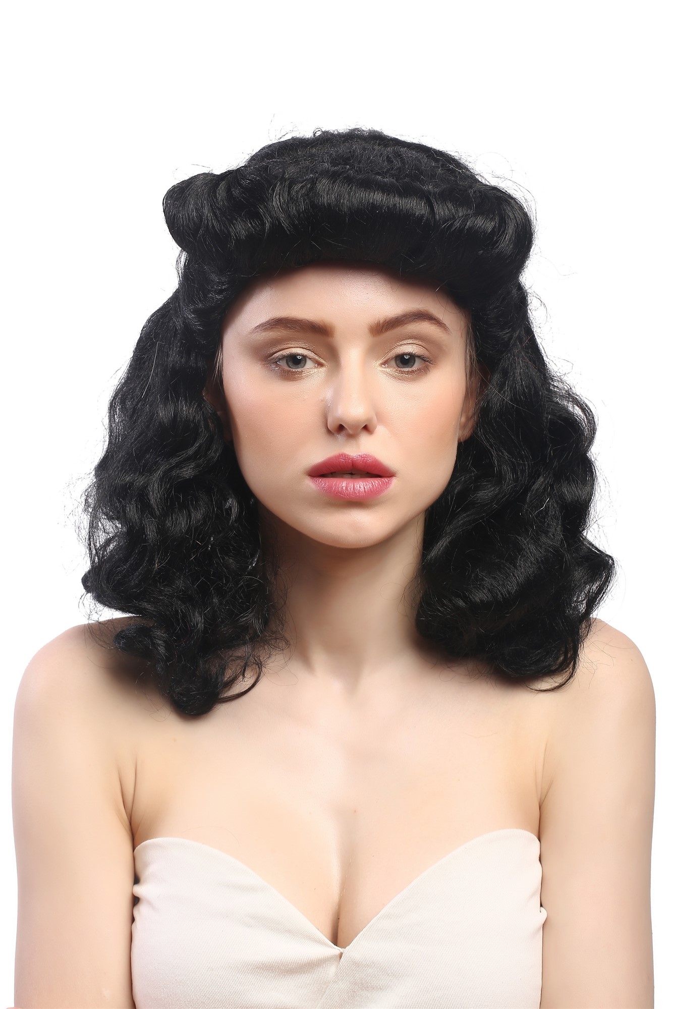 günstige Party Perücke, Perücke Tolle Südstaaten Rockabilly Schwarz 91020-ZA103, Ansicht 4, WIG ME UP: Ihr Perücken Online Shop wellige Party Perücke Schwarz schulterlange Haare für Damen