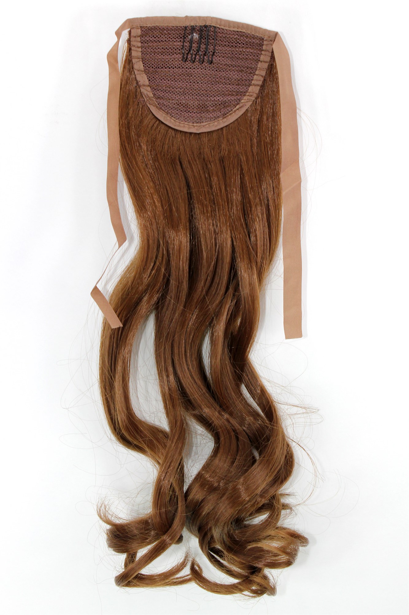 hochwertiges Haarteil Mittelbraun Goldbraun wellig Bändchen + Klammer Befestigung YZF-TC18-12, Ansicht 2, WIG ME UP: Ihr Perücken Online Shop welliges Zopf-Haarteil Mittelbraun 45 cm lang