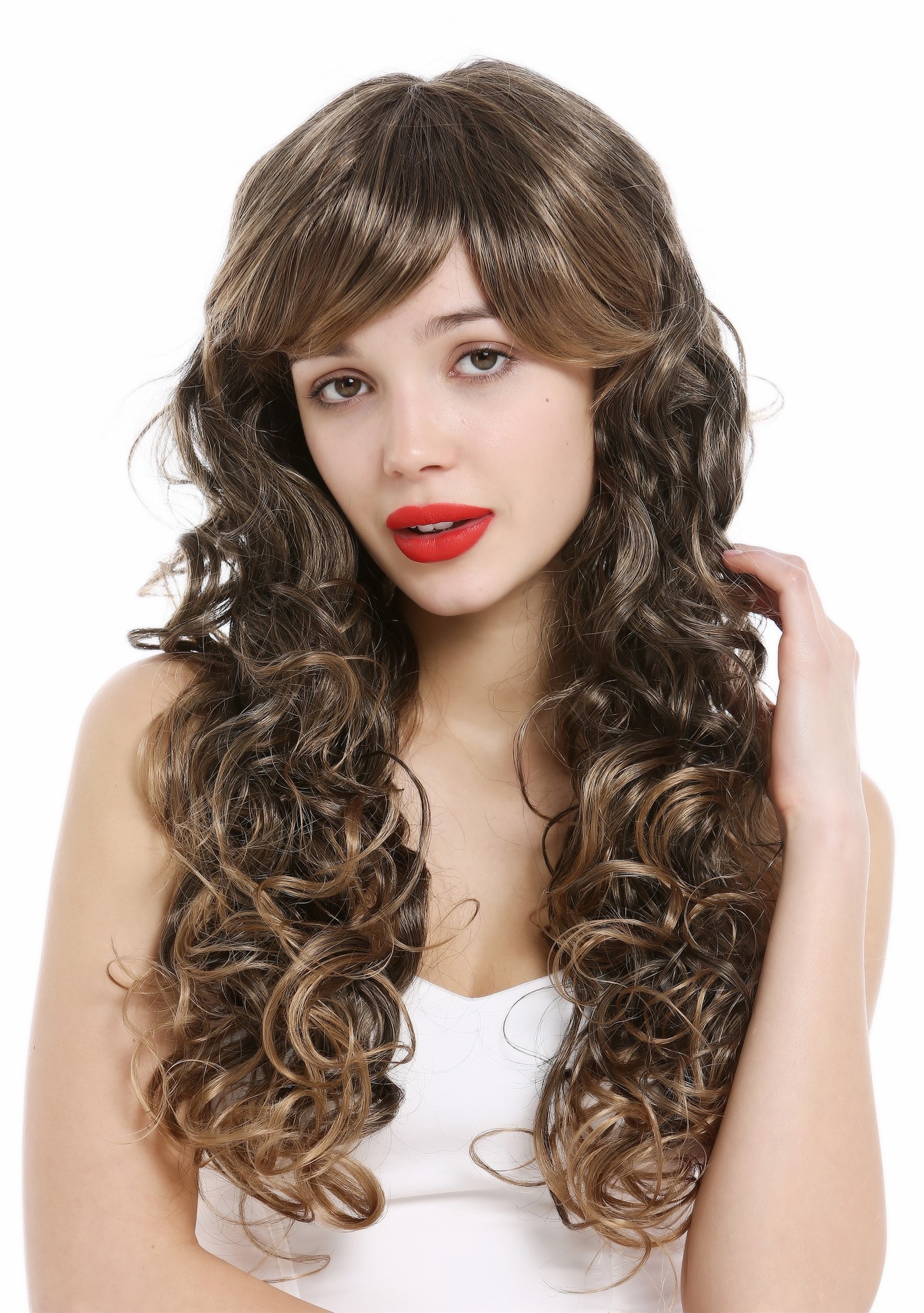 hochwertige Qualitätsperücken, Perücke lang lockig voluminös Dunkelbraun Blonde Highlights VK-36-2T19, Vorderansicht, WIG ME UP: Ihr Perücken Online Shop lockige Tressen-Perücke mit Kopfhaut-Imitat Blond-Schwarz-Mix lange Haare für Damen