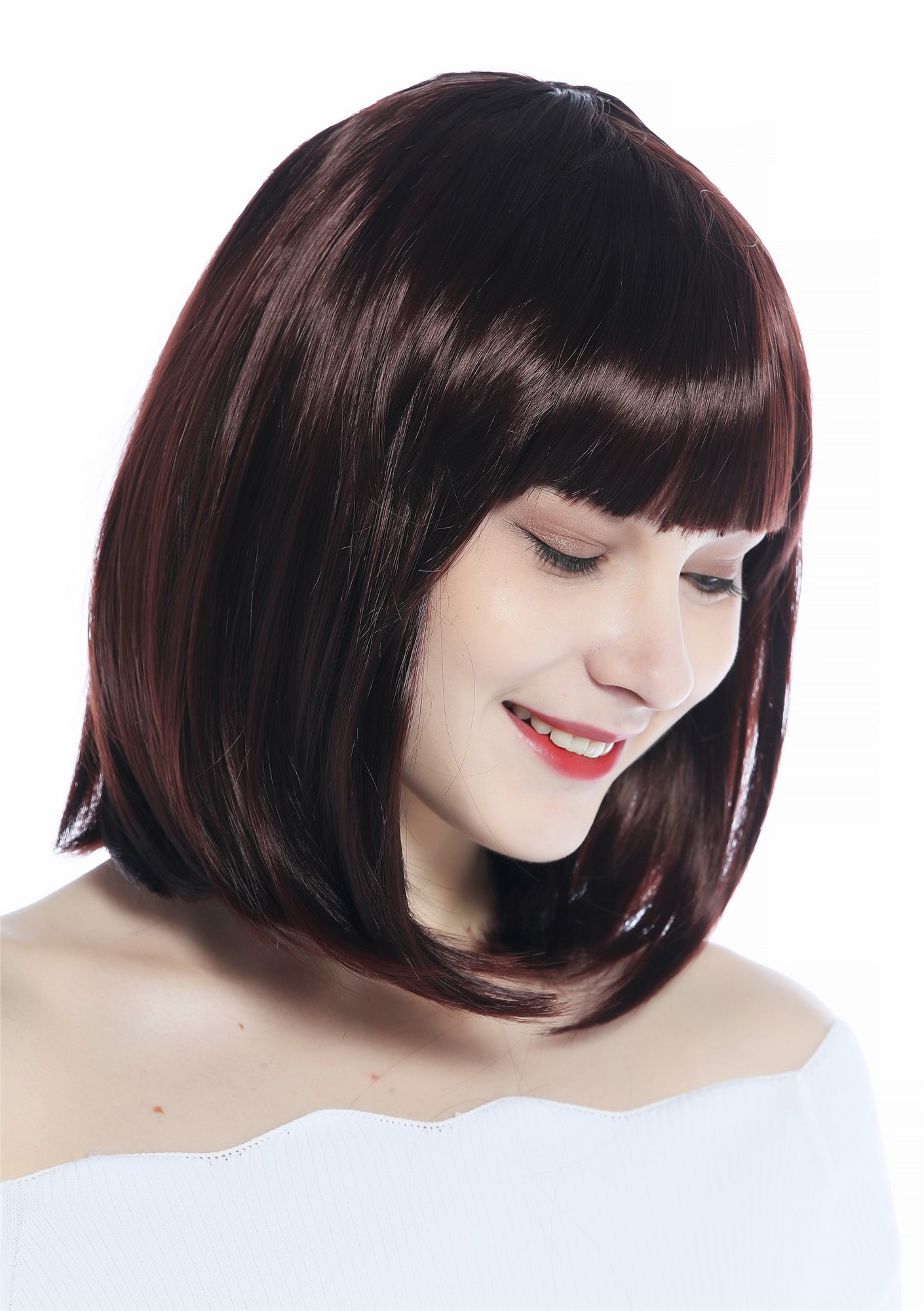 Wig Ladies Women Halloween longbob short bangs smooth mahogany brown CW-052, front view, WIG ME UP: Your Perücken Online Shop Party Wig, Ladies, Mahogany, straight, shoulder-length