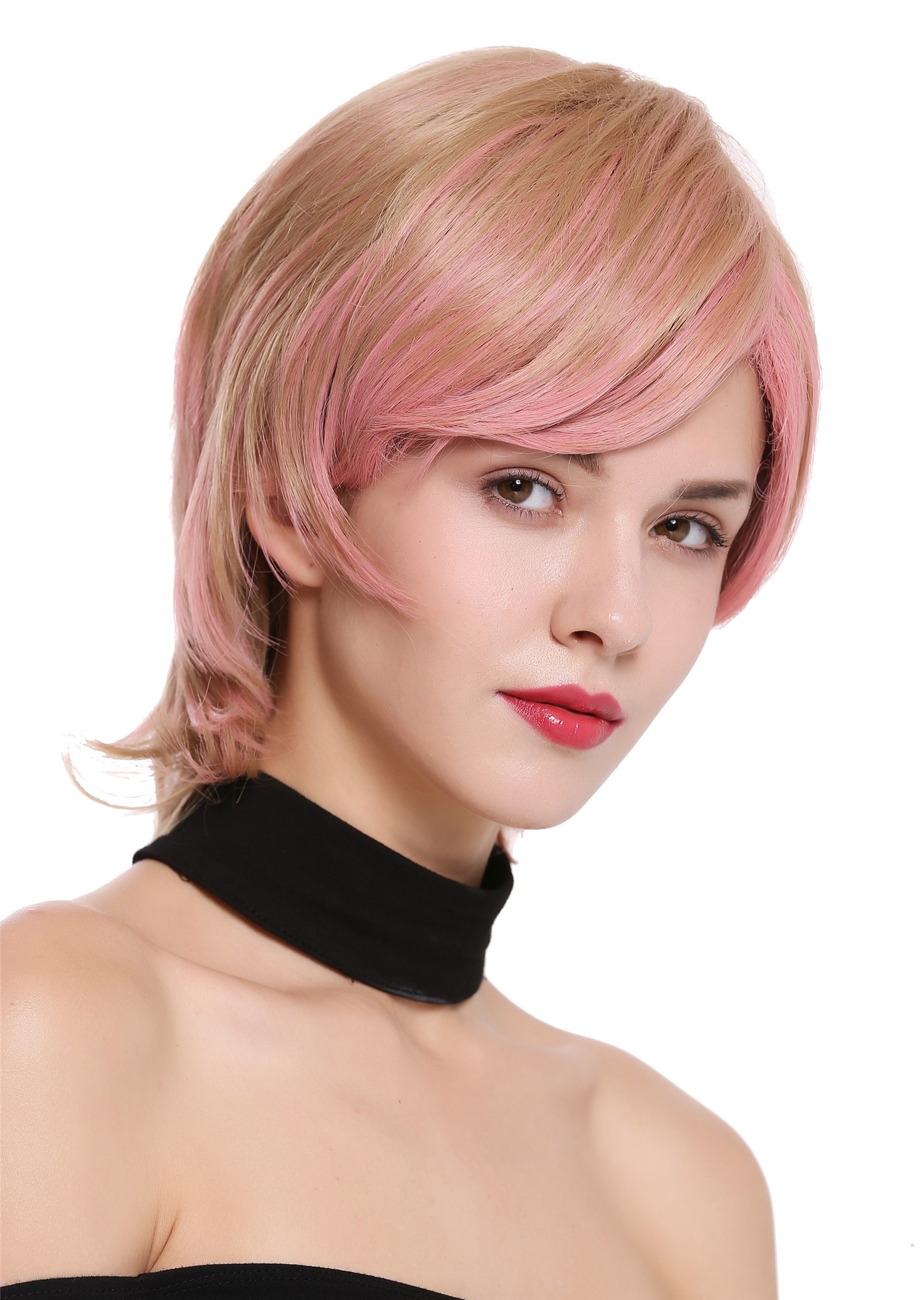 hochwertige Qualitätsperücken, Perücke Kurz Gewellt Dunkelblond Rosa Mix SA099-18-T2312, Ansicht 3, WIG ME UP: Ihr Perücken Online Shop glatte Tressen-Perücke Blond-Rosa-Mix kurze Haare für Damen