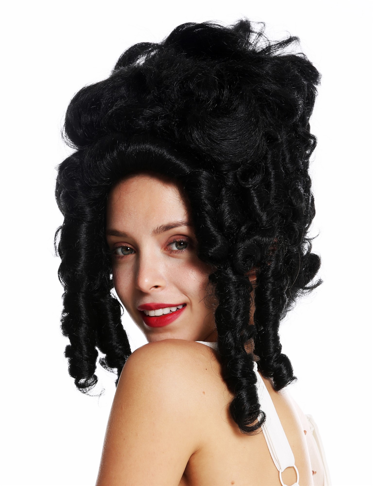 hochwertige Qualitätsperücken, Perücke Barock Pompadour Gräfin Schwarz VK-38-1B, Vorderansicht, WIG ME UP: Ihr Perücken Online Shop lockige Tressen-Perücke Samtschwarz schulterlange Haare für Damen