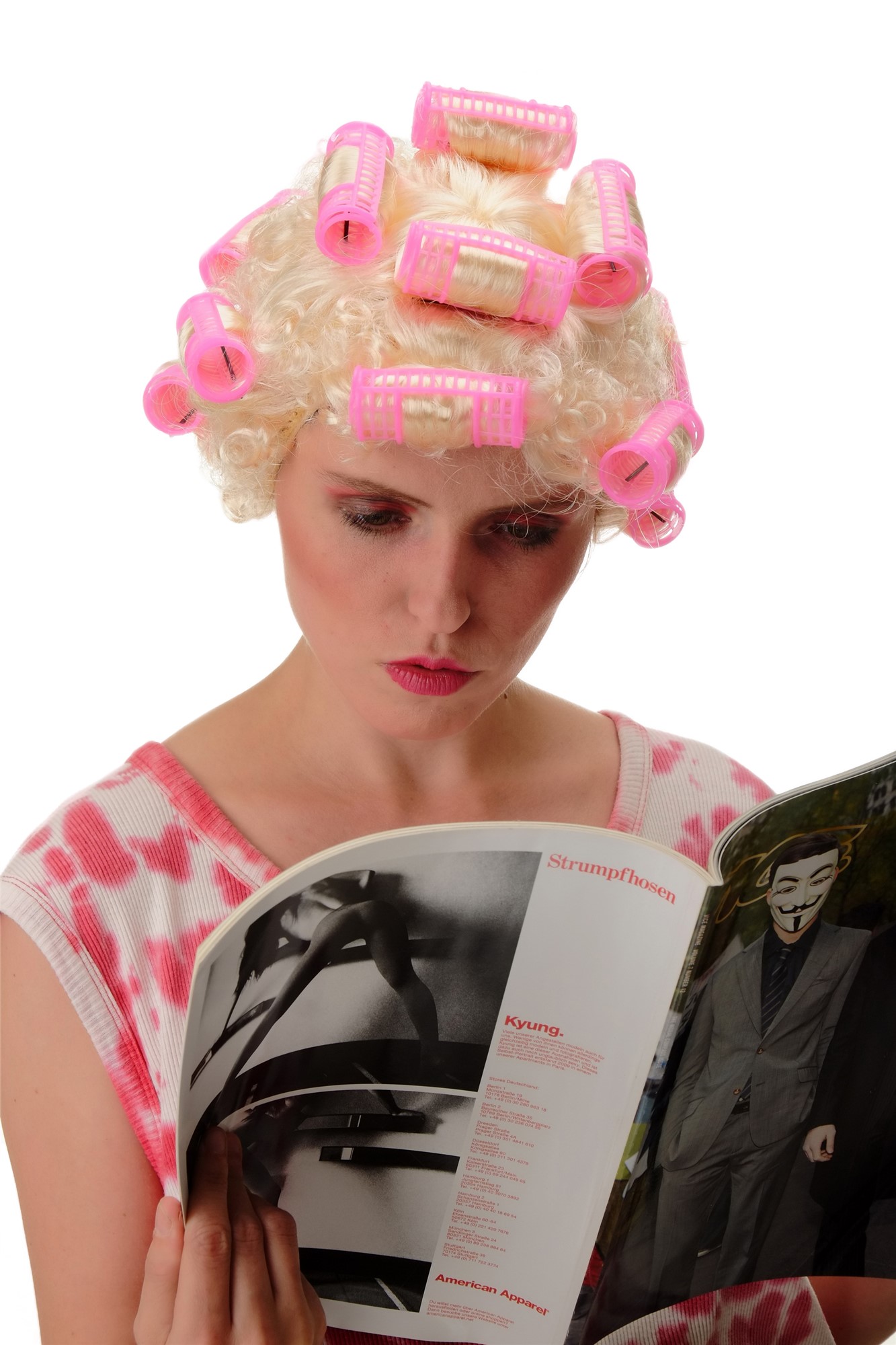 Halloween Lady Women Wig blonde Hair Curlers trashy housewife landlady drag 4204, front view, WIG ME UP: Your Perücken Online Shop Party Wig, Ladies, light blonde, curled, short