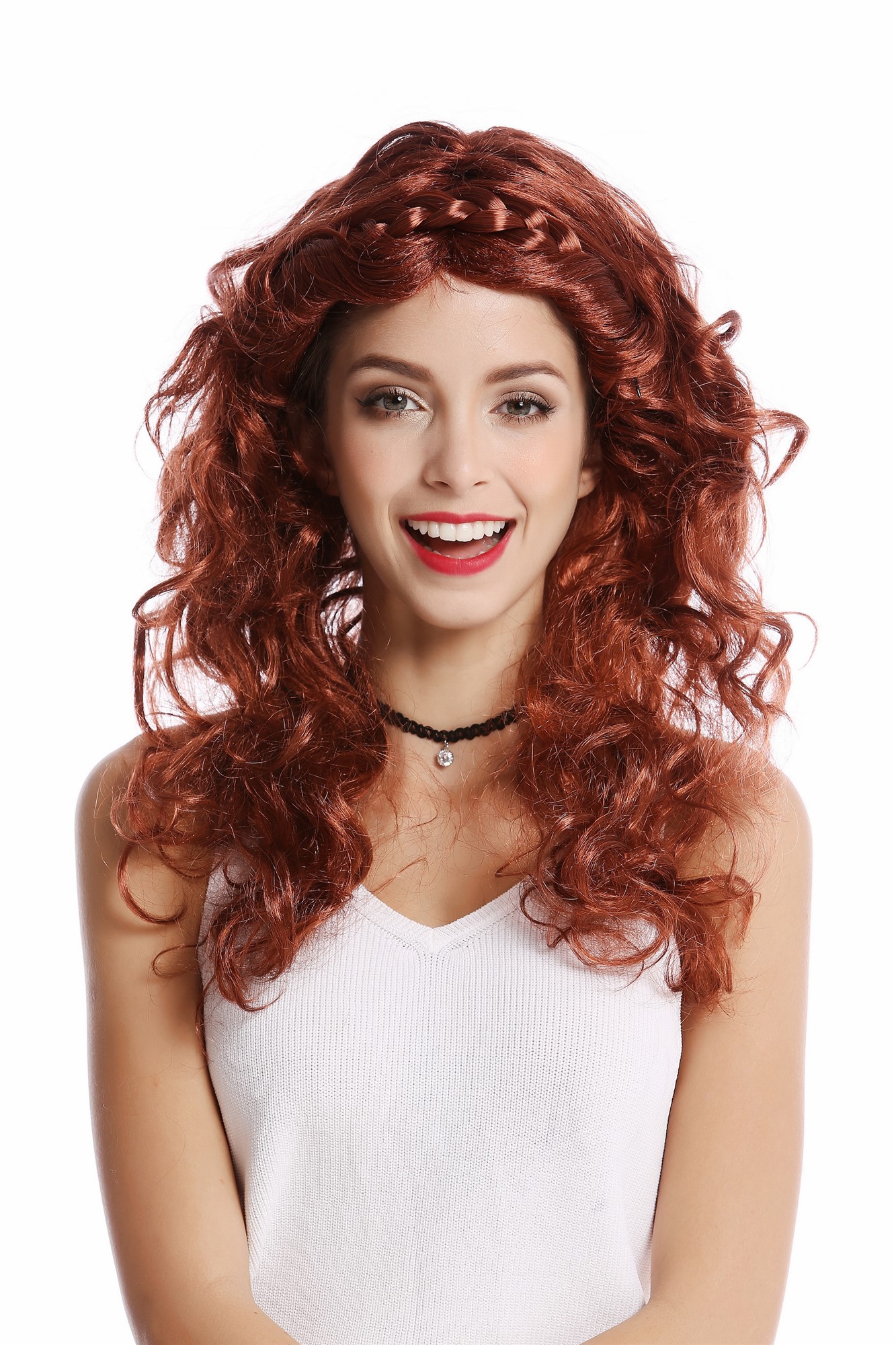 91240-ZA340A/ZA24A Wig Lady Women Halloween Cosplay Red Brown Mix long wavy braided Alice band, view 2, WIG ME UP: Your Perücken Online Shop Party Wig, Ladies, brown, red, Braided, long