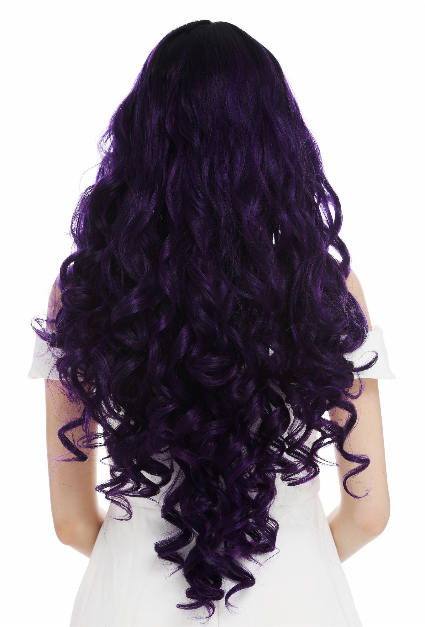 hochwertige Qualitätsperücken, Perücke Lace-Front extrem lang voluminös gelockt Ombre Schwarz Violett DW2904-MF-PURPLEYS1B, Ansicht 6, WIG ME UP: Ihr Perücken Online Shop lockige Tressen-Perücke mit Teil-Mono Oberkopf, Front-Lace Violett-Schwarz-Mix sehr lange Haare für Damen