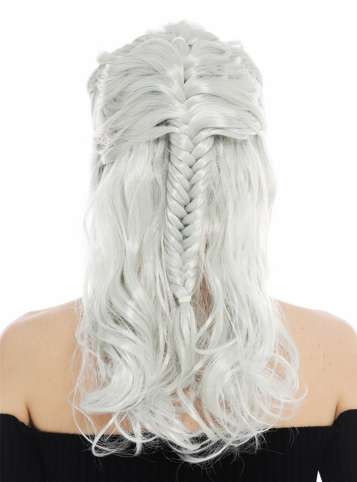 Wig carnival women Halloween long plaited silver white grey fantasy LARP 31955, view 5, WIG ME UP: Your Perücken Online Shop Party Wig, Ladies, white-gray-lime green mix, Braided, shoulder-length
