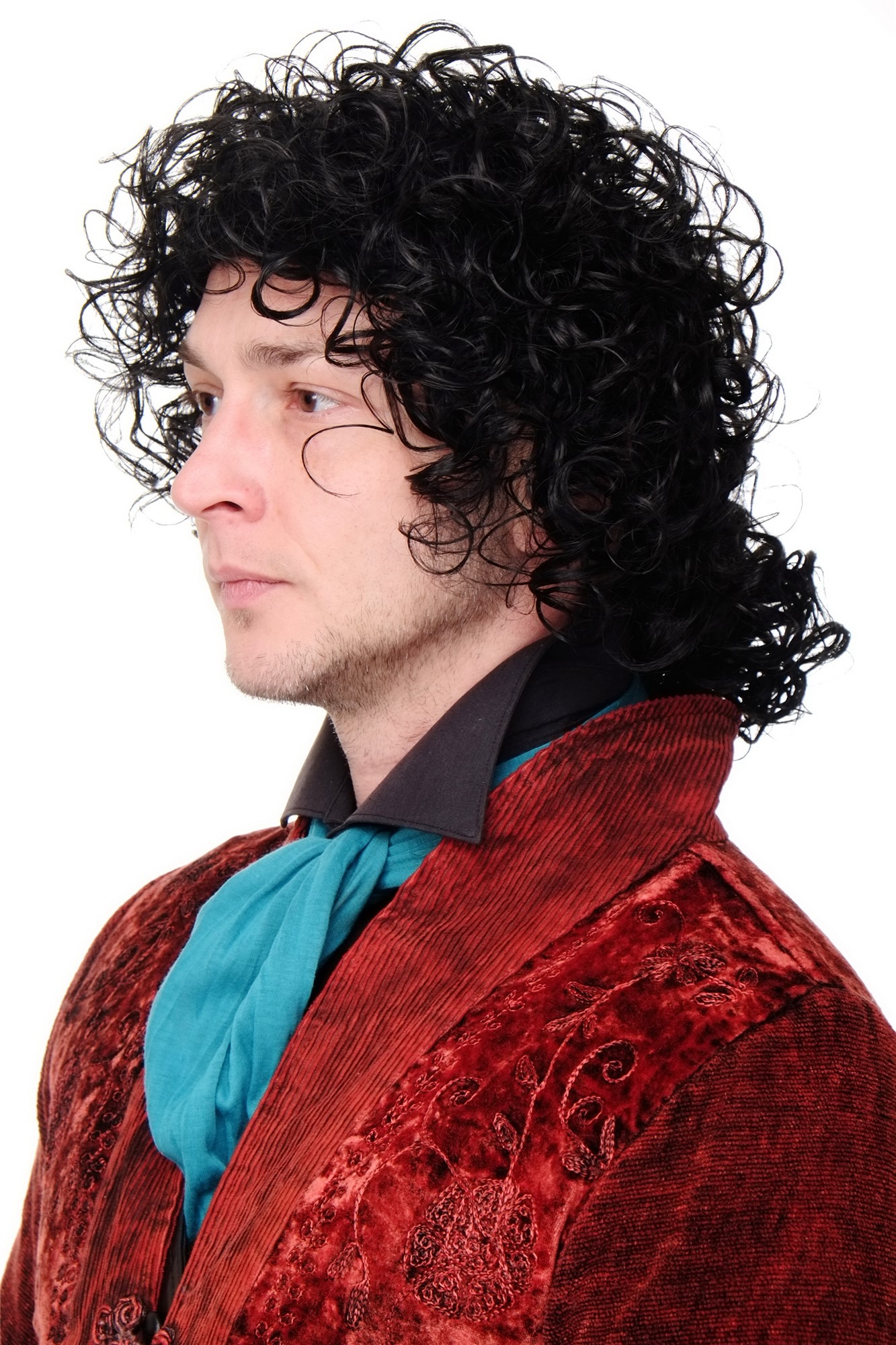 hochwertige Qualitätsperücken, Perücke Gelockt Zopf Barock Musiker Schwarz Modell: MJ-4, Vorderansicht, WIG ME UP: Ihr Perücken Online Shop lockige Tressen-Perücke Samtschwarz schulterlange Haare für Herren