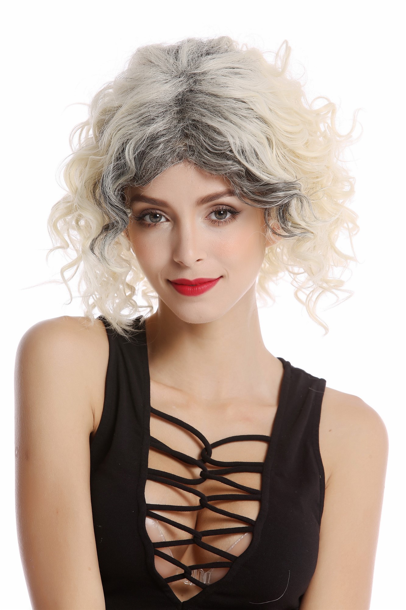 hochwertige Qualitätsperücken, Perücke Platinblond Locken dunkler Mittelscheitel GF-W2129-2T613+613, Vorderansicht, WIG ME UP: Ihr Perücken Online Shop lockige Tressen-Perücke Blond-Mix schulterlange Haare für Damen