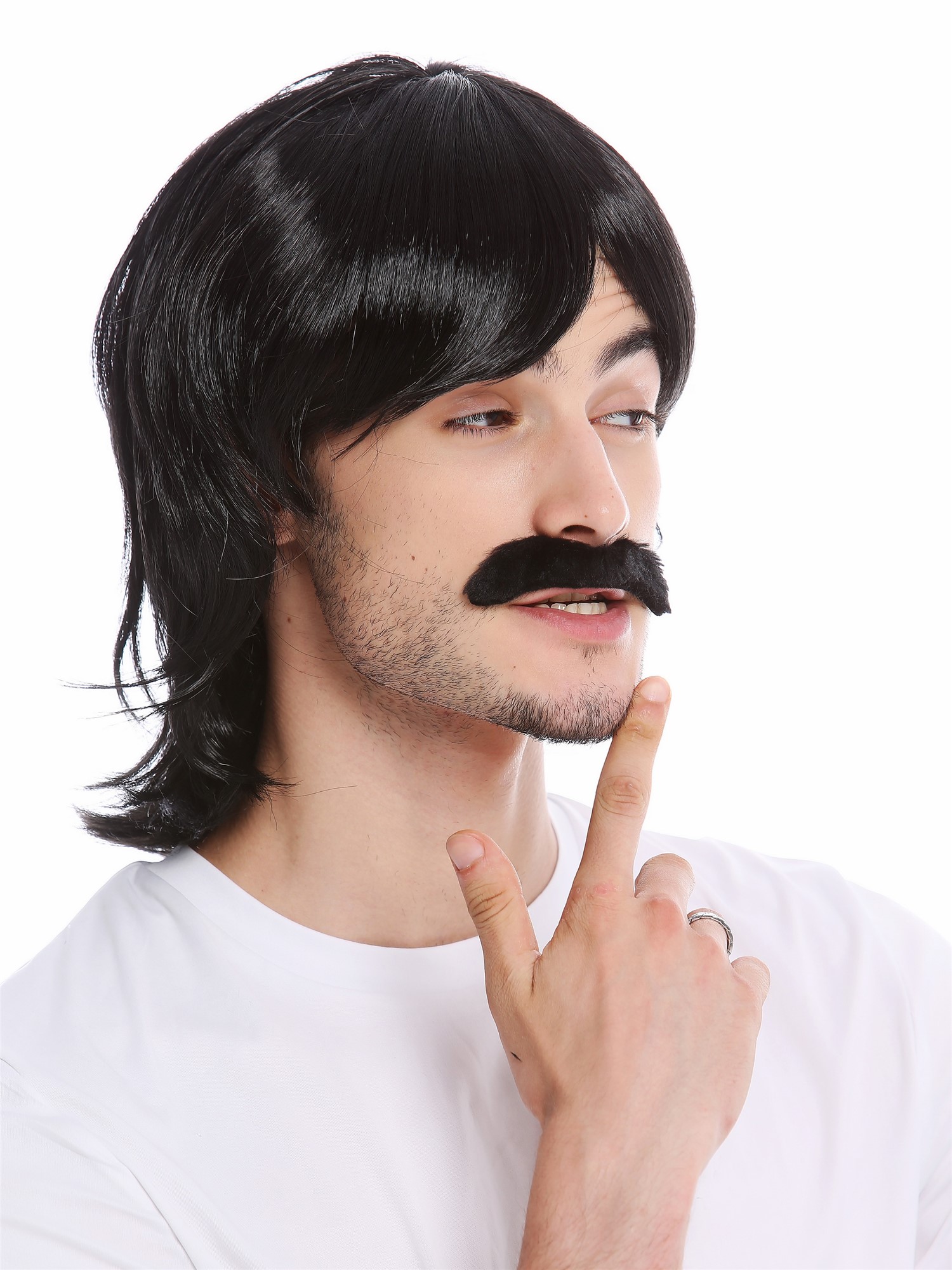 Wig & Mustache set Halloween Carnival long black 70s cop show 91105, view 2, WIG ME UP: Your Perücken Online Shop Party Wig, Men, Black, straight, shoulder-length